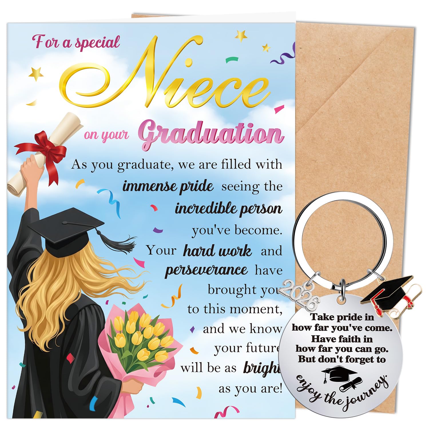 Eiapadeor 2026 Graduation Card for Niece - Congratulations Greeting Card with Envelope Class of 2026 Keyring Gift Graduation Gifts for Niece Her