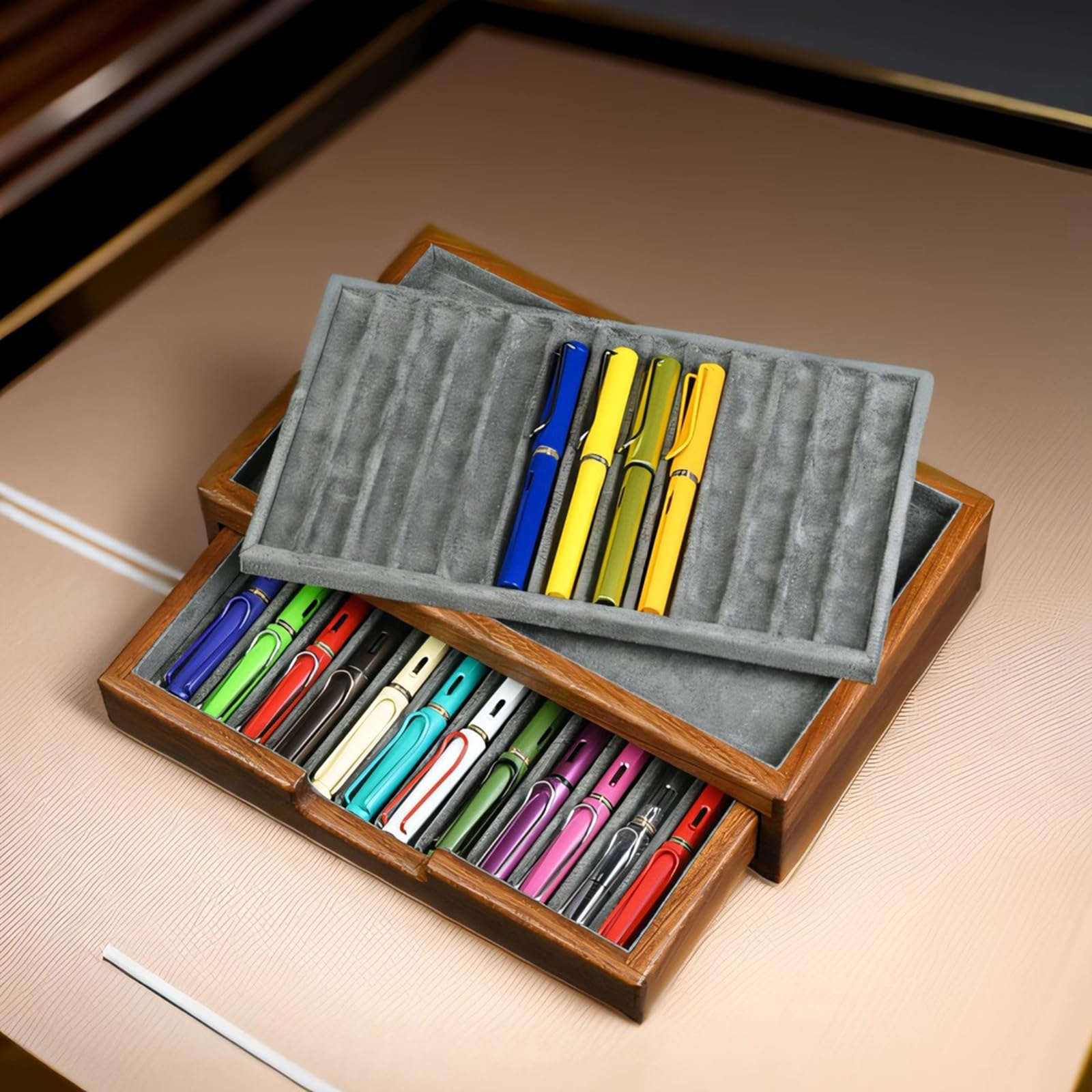 Drewniane etui na pióro wieczne, pudełko kolekcjonerskie w stylu vintage, z szufladą, do organizowania i przechowywania różnych długopisów