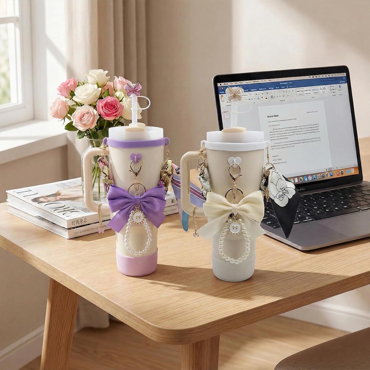 8PCS Black Stanley Cup Accessories Set,Including Water Bottle Handle Strap、Bow Keychain、Cup Ring、Bling Silicone Boots、butterfly Straw Topper、 Cute Decoration Gift for Women & Girls