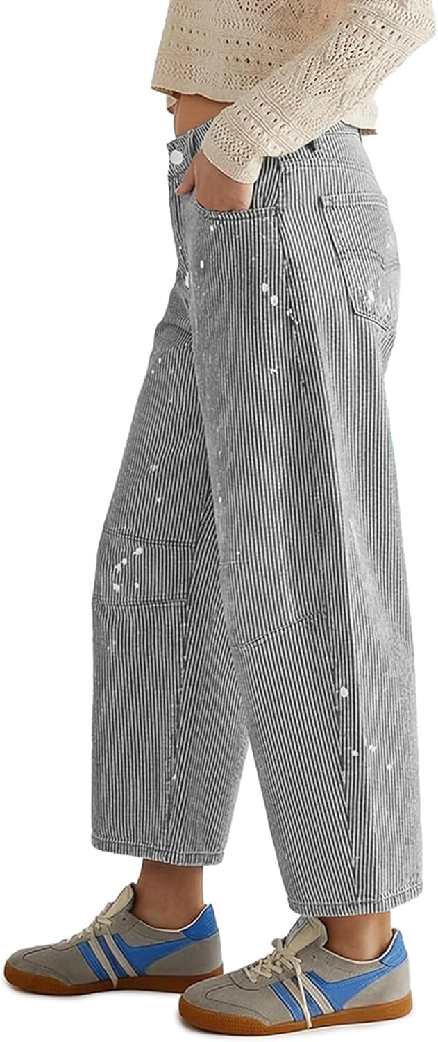Striped Barrel Jeans for Women Trendy Cropped High Waisted Wide Leg Loose Denim Pants 2026 - Image 5
