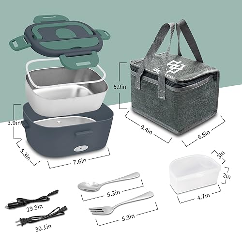 Miniatura 6 de Fiambrera eléctrica para automóvil, lonchera portátil 3 en 1 con recipiente de acero inoxidable extraíble de 1.8 L, calentador de alimentos a prueba