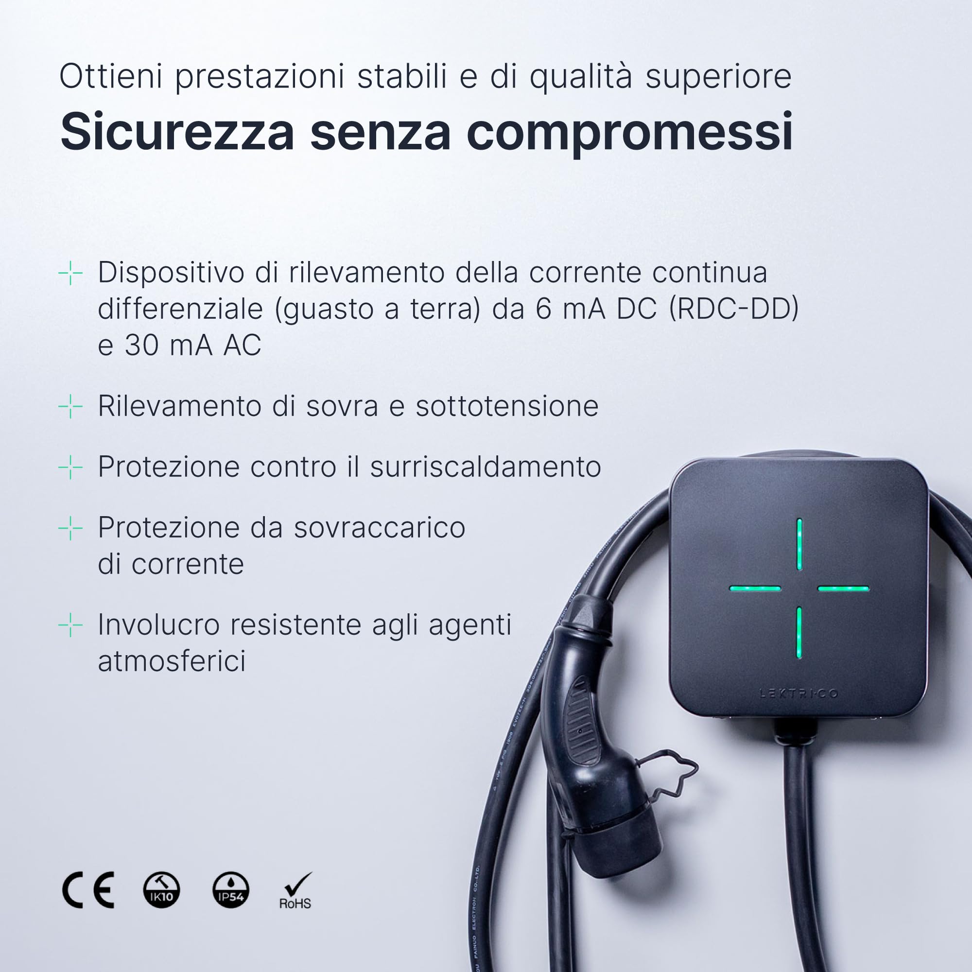 LEKTRI.CO – Stazione di Ricarica Auto 1P7K – Ricarica EV Ibrida (7.4kW), fotovoltaico, monofase 230V, Corrente 6-32A - Cavo di Ricarica EV 5m – Wi-Fi con App