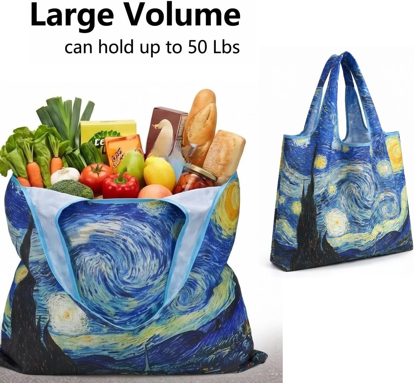 Reusable Grocery Large Bags Foldable Art Painting Shopping Tote Bags, Heavy Duty Washable 50+ Lbs (7, Red/Blue)