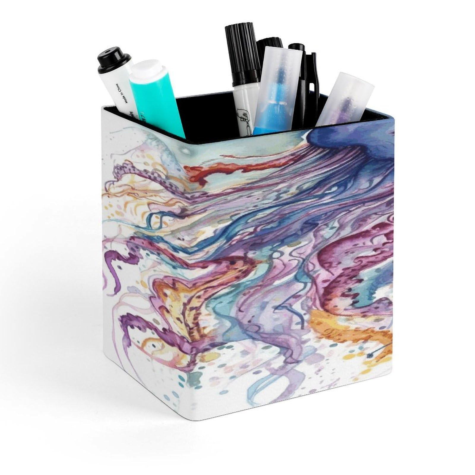 FekiLoot Watercolor Jellyfish Pen Holder Personalized Desktop Pencil Holders Case Office Accessories Container Box for Square Pen Cup Desktop Organizer Makeup Brush Holder Caddy Storage