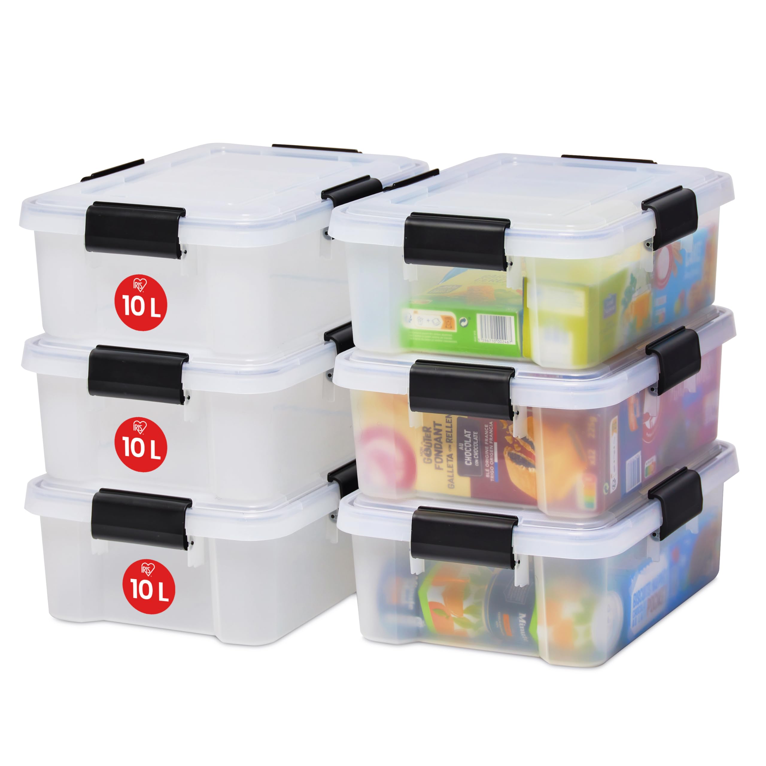 Iris Ohyama Luftdichte Kunststoff-Aufbewahrungsboxen mit Deckel, 10L, 6er-Set, Transparent, Hermetischer wasserdichter Verschluss, Robuste Schnappverschlüsse, Stapelbar, Staubschutz, BPA-frei, AT-S