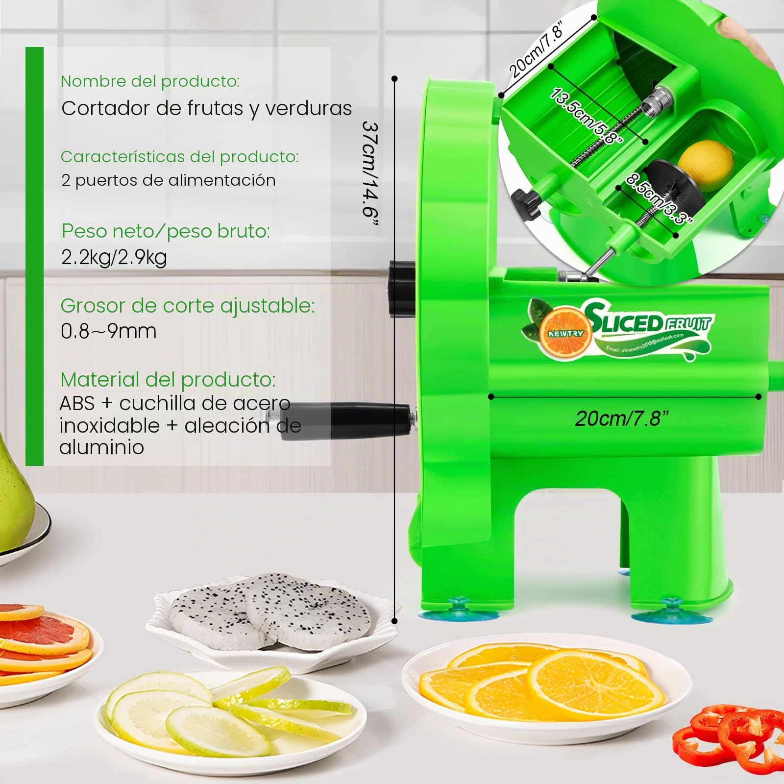 NEWTRY Cortadora verduras manual 0,8-9mm Gastro Hogar corte Cocina | Grosor ajustable, duradero, fácil de limpiar, versátil para frutas, verduras, para hogar, corte preciso, uso intensivo