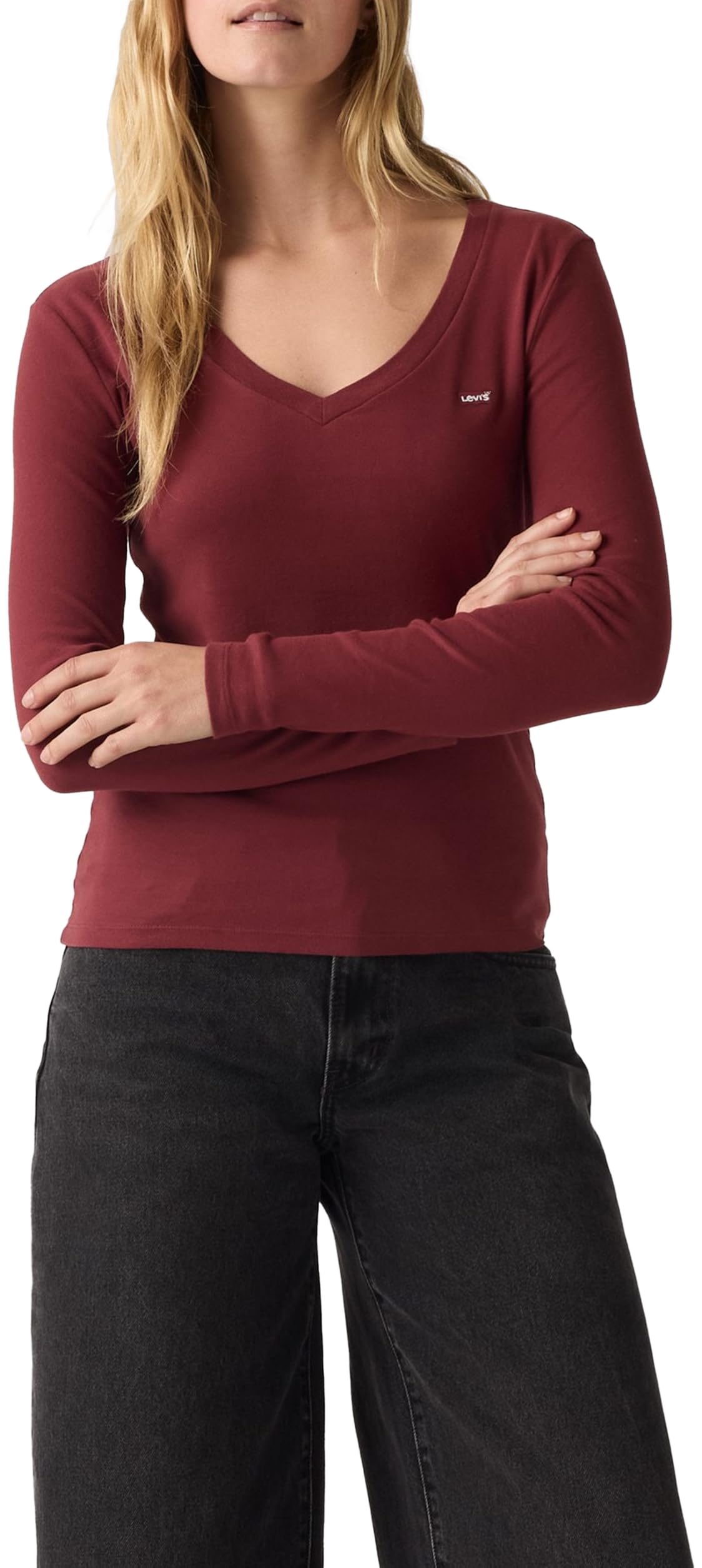 Levi's Essential Hm LS Vneck Chocolate Truffle, Chocolate Truffle, S