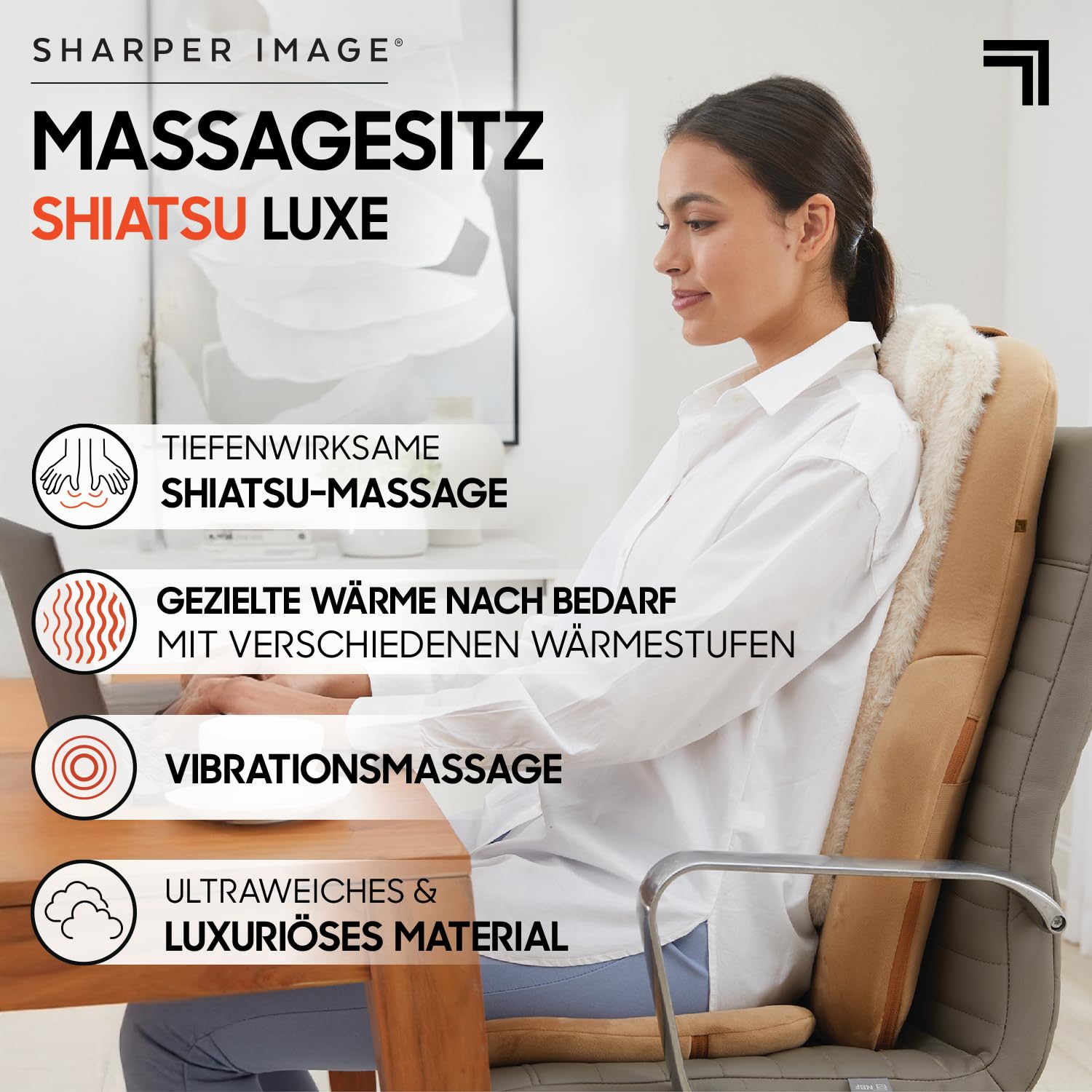 SHARPER IMAGE - Shiatsu Massage-Sitzauflage mit 4 Köpfen - Ultraweiche Polsterung - Wie echte Hände - Entspannung - Selfcare - Elektrisches Massagegerät mit Wärme