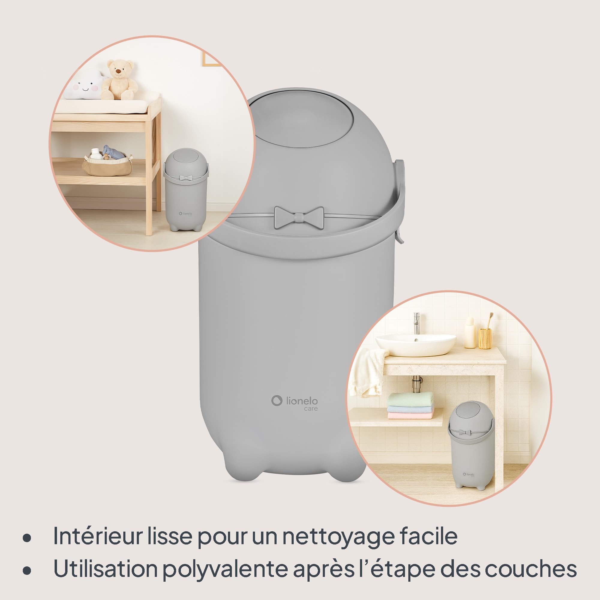 lionelo Purebin – Poubelle à couches anti-odeurs pour sacs universels (sans cassette), ouverture d'une seule main, 10 L – conteneur hygiénique pour la chambre de bébé (Grey)