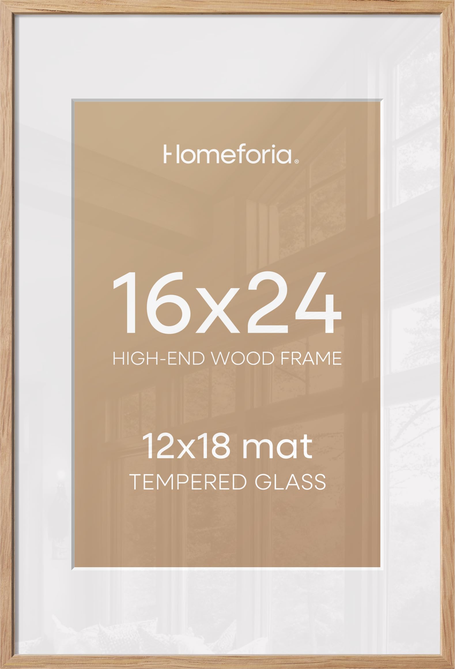 Homeforia Picture 16x24 Wood Frame, High End Natural Oak 16x24 Light Wooden Poster Frame with Mat 12x18, 16 x 24 Frames Matted to 12 x 18 Photo, 24x16 Hanging Frame, Tempered Glass, Wall Kit, Set of 1