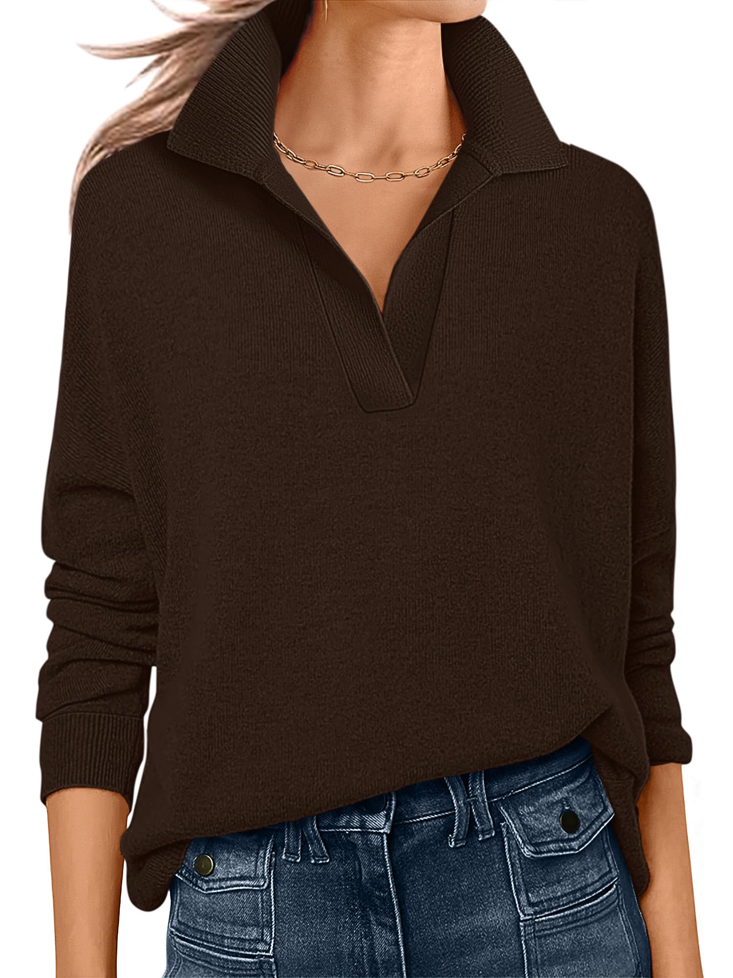 Womens Polo V Neck Long Sleeve Sweaters Lightweight Dressy Casual Business Basic Knit Pullover Top 2026 Fall Outfits-image-29