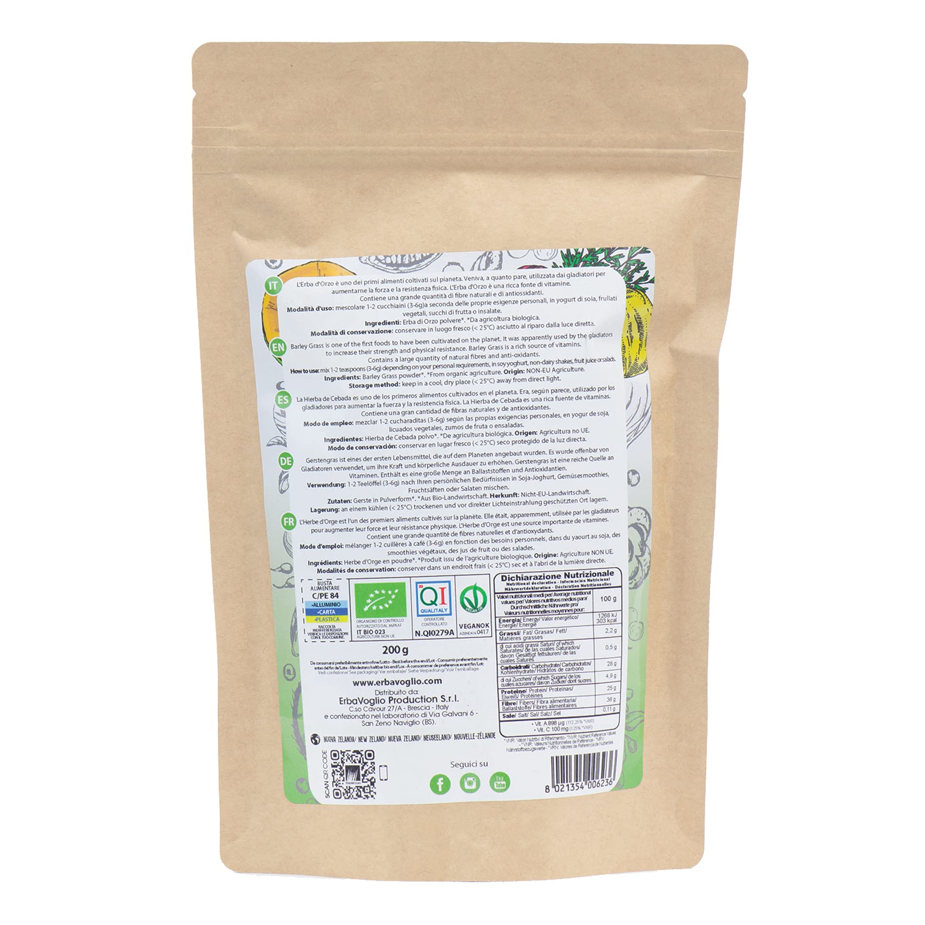 Erbavoglio Erba di Orzo Della Nuova Zelanda Bio - 200 g - Alimento biologico - Ricca di nutrienti, ottima per detox, supporto digestivo e aumento dell'energia.