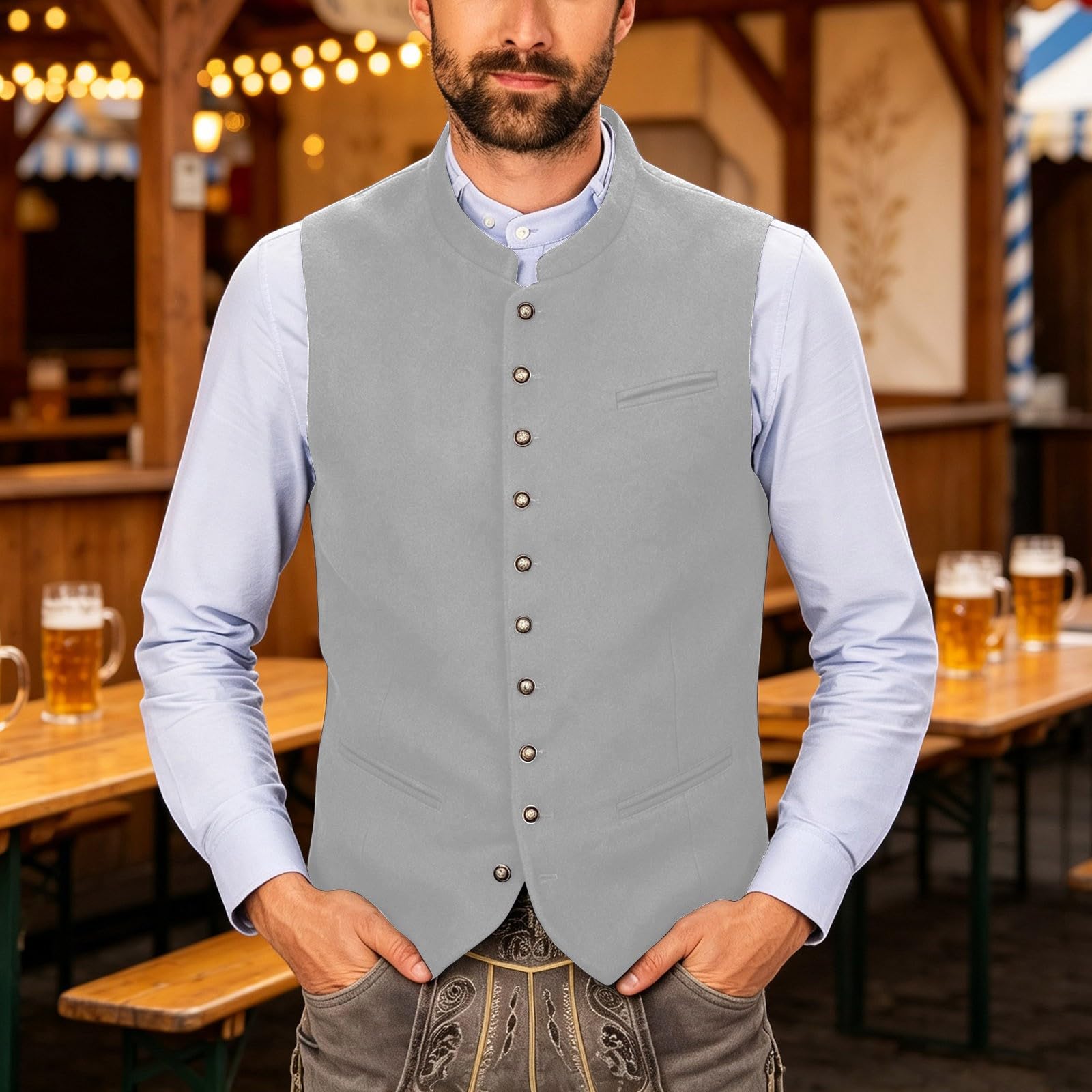 Gilet bavarese da uomo per Oktoberfest, con bottoni in metallo | Gilet tradizionale di alta qualità con elegante effetto pelle scamosciata e robusti bottoni in metallo, taglio slim fit