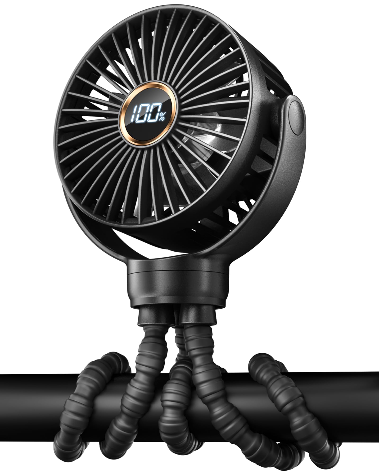 KIDEE Portable Pram Fan, Small Rechargeable Clip On Fan with Digital Display, 2000mAh, 3 Speeds 360° Rotate Mini Cooling Fan for Stroller, Buggy, Car Seat, Crib & Travel