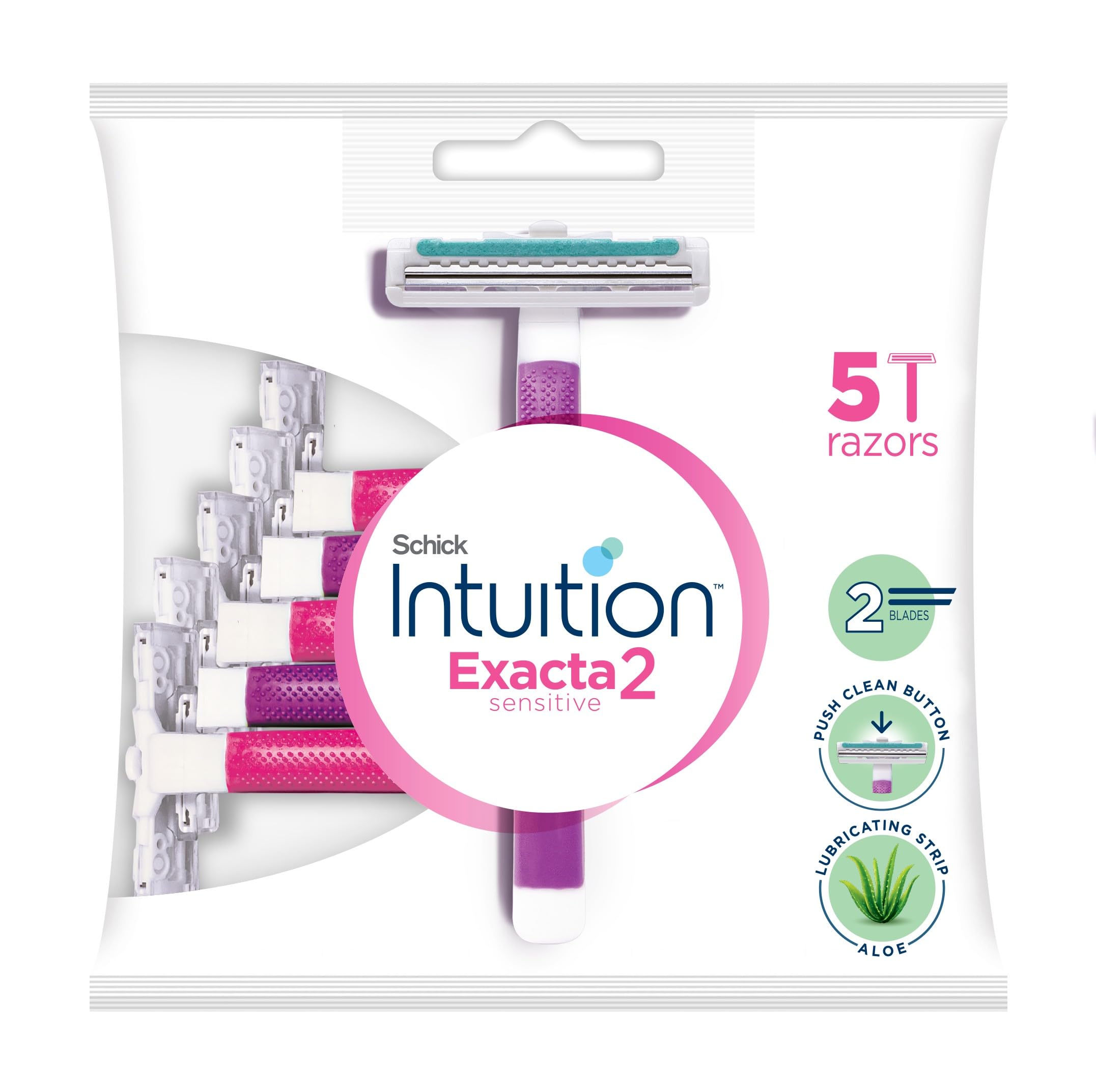 Exacta2 Sensitive Disposable Razor for Women, 5 Pack,Suitable for Sensitive Skin, Ultra thin 2 Blades, Lubricating Strip with Organic Aloe + Vitamin E, Push Clean Button