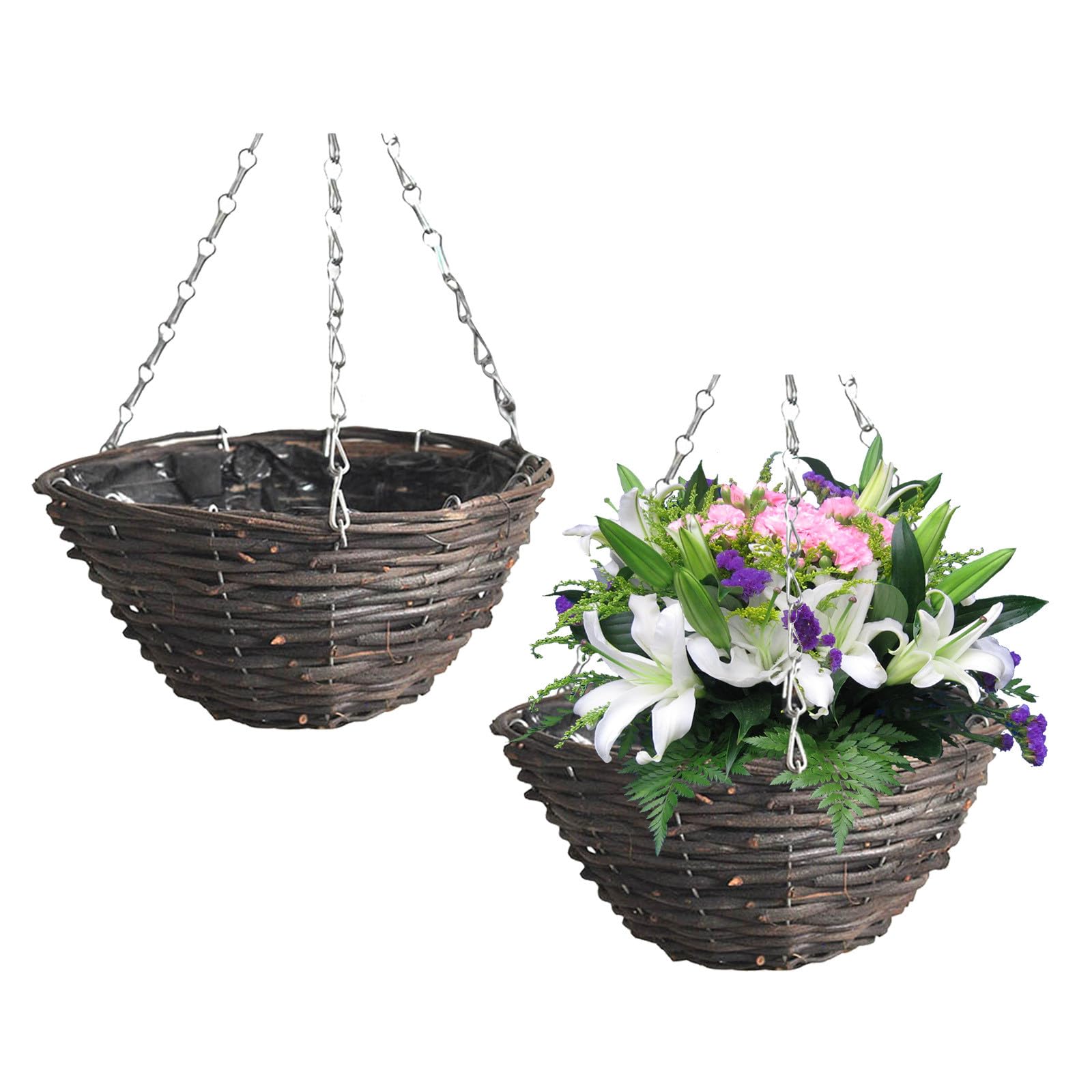 Set 2 Cestini Sospesi in Rattan Fatti a Mano, Fioriere Sospese per Interni ed Esterni, Vasi da Fiori Appesi 30 Cm, Decorazione Giardino, Balcone e Casa