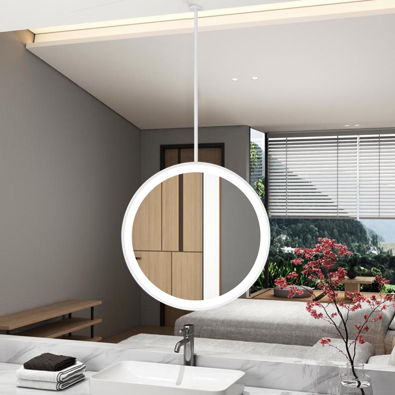 ITOSUI LED Ceiling Mounted Mirror with Hanging Rod, Floating Vanity Shaving Makeup Mirrors for Home or Hotel, 3 Colours Dimmable Light Metal Frame Mirror, White(Diameter-50CM/19.7INCH)