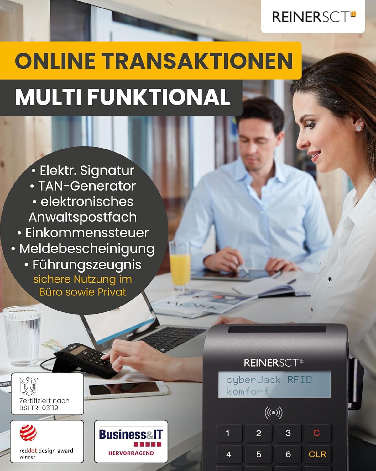 REINER SCT cyberJack RFID Komfort USB-C I Chipkartenleser für RFID-Chipkarten I Kartenlesegerät für den neuen Personalausweis & Online-Banking I Card Reader & TAN-Generator I eID Lesegerät