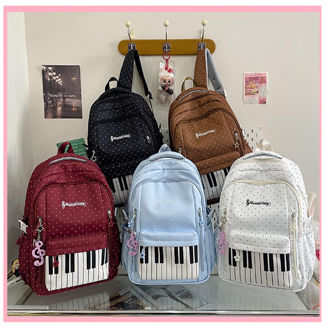 Klavier-Rucksack für Damen und Mädchen, Nylon-Schulrucksack mit Punkten und Anhänger für Schule, Studium, Reisen und Alltag (Black-B)