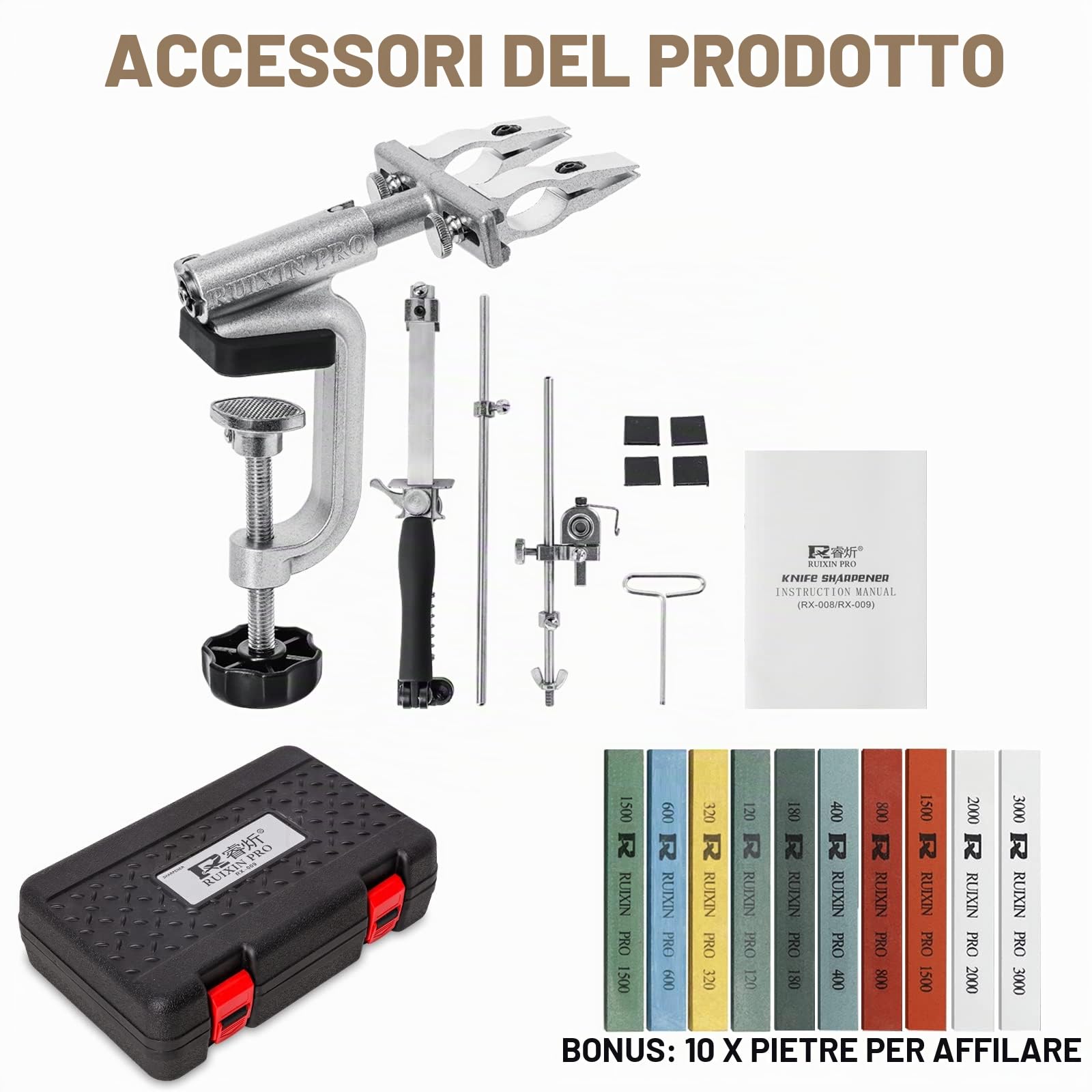 RUIXIN PRO RX-009 - Affilacoltelli professionale con 10 pietre per affilare, rotazione a 360°, design a rotazione in acciaio inox ad angolo fisso, kit per affilare coltelli da cucina e sistema