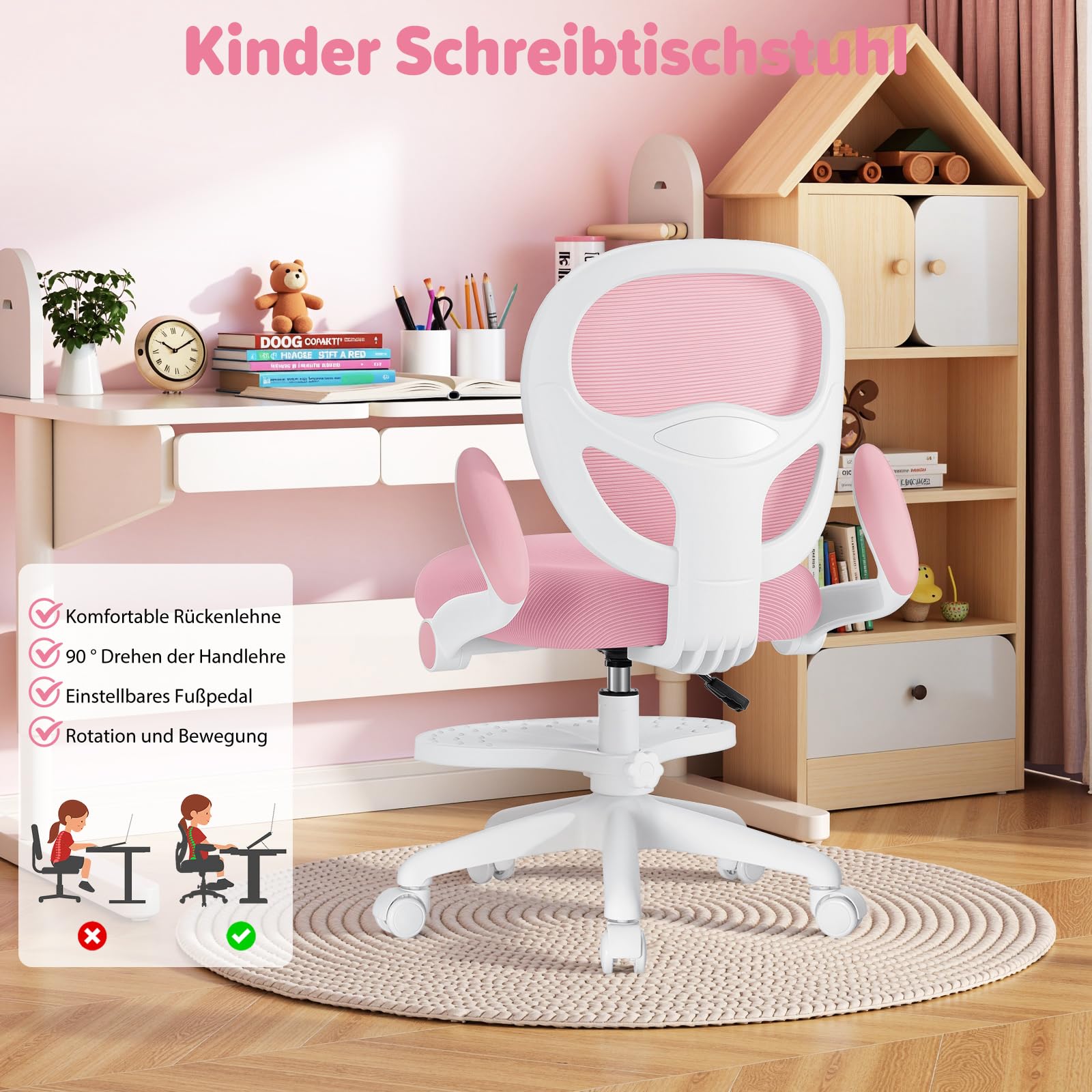 HOFFREE Kinder Schreibtischstuhl Ergonomischer Lernstuhl mit Klappbarer Armlehne Fußstütze Drehbar Rosa