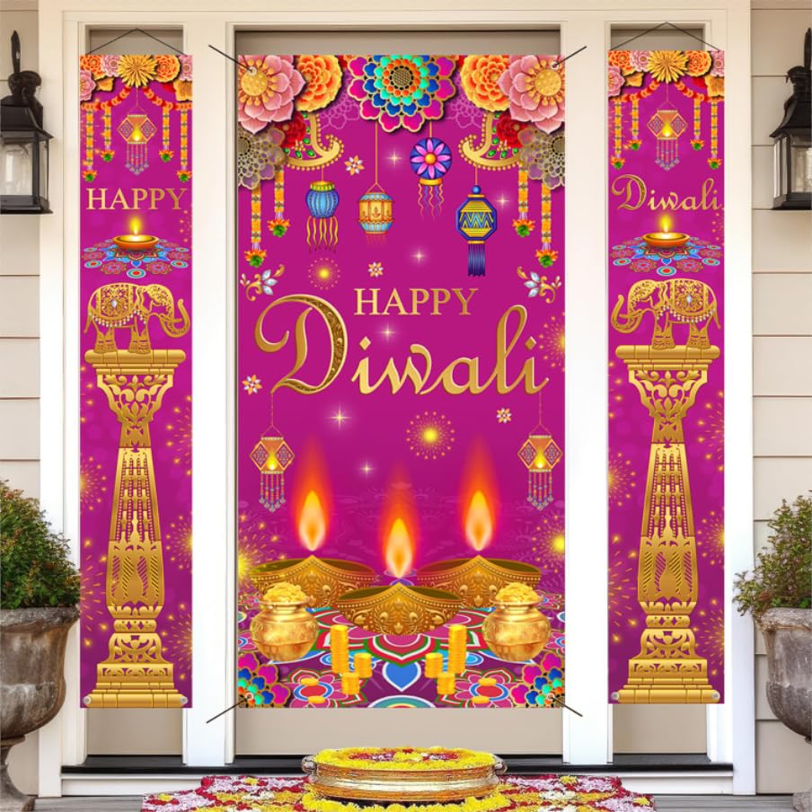 Bannières Happy Diwali violettes AIBIIN en lot de 3 avec motifs traditionnels