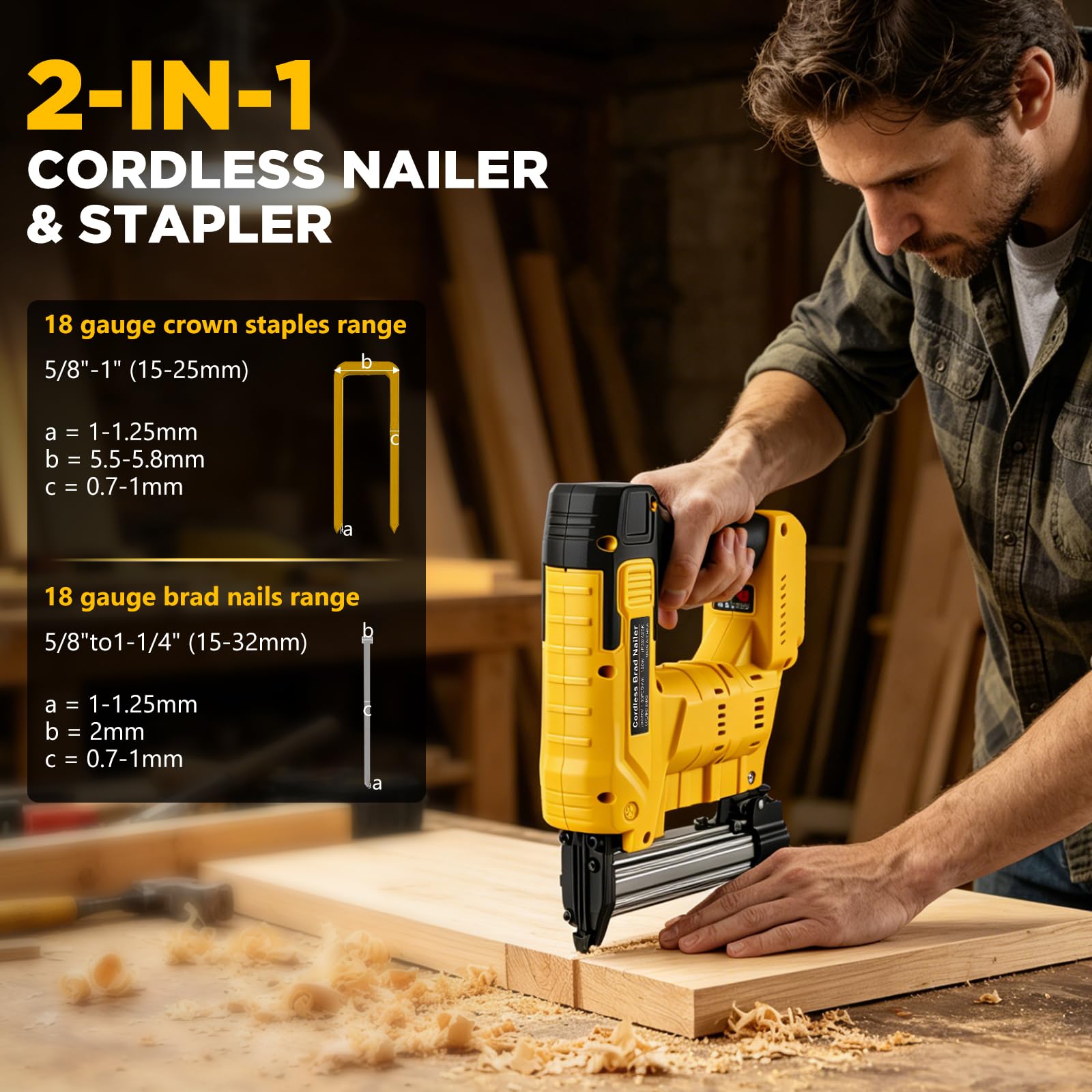 18GA, chiodatrice elettrica senza spazzole con 1000 chiodi e 1000 graffette, compatibile con batteria De-Walt da 20 V, per fai da te, mobili e riparazioni (senza batteria)