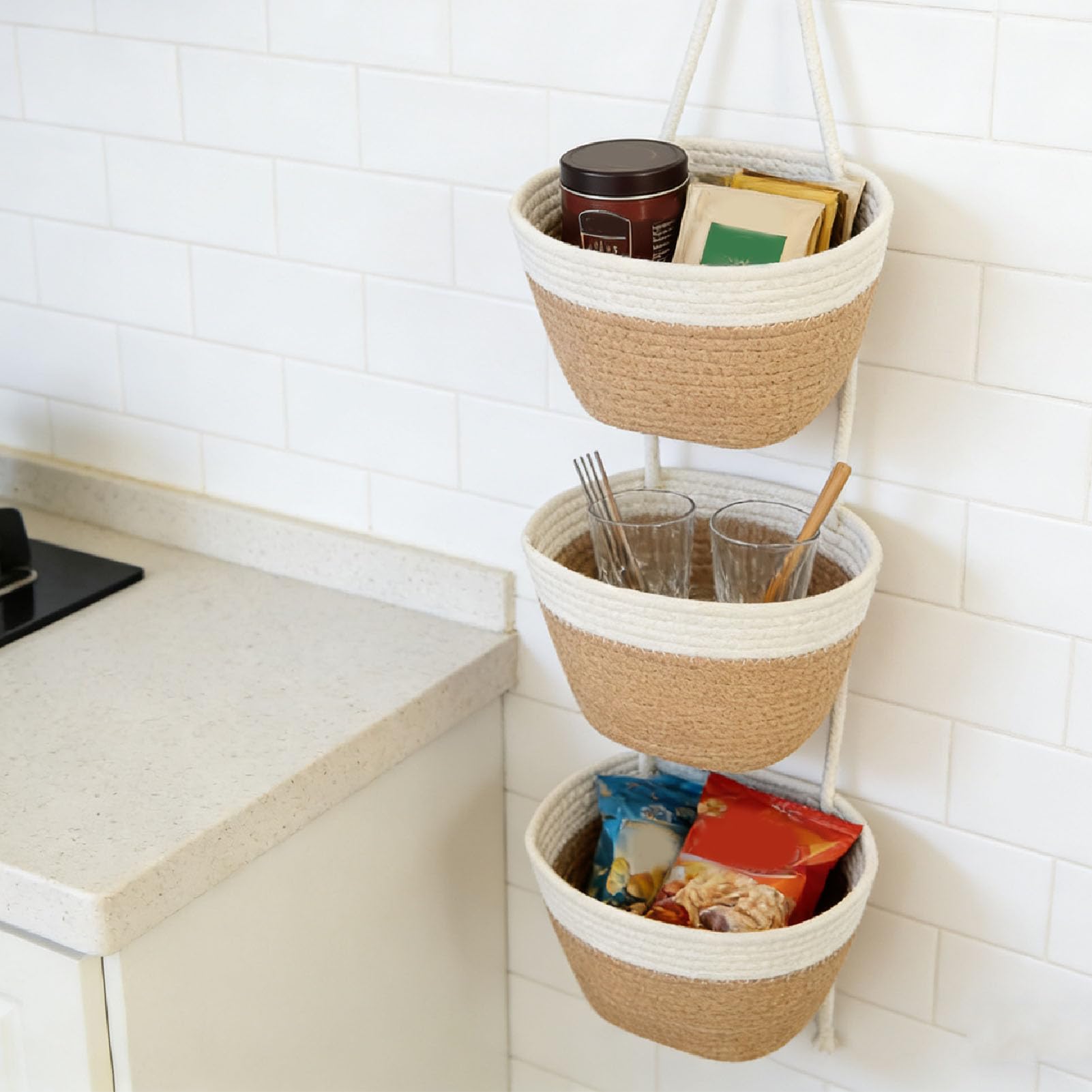 3 Tier Cestino Appeso, Organizzatore da Parete con Corde in Cotone Morbido Rimovibile con 3 Cestini Indipendenti, per Soggiorno Camera da Letto Ripostiglio (Cachi bianco)