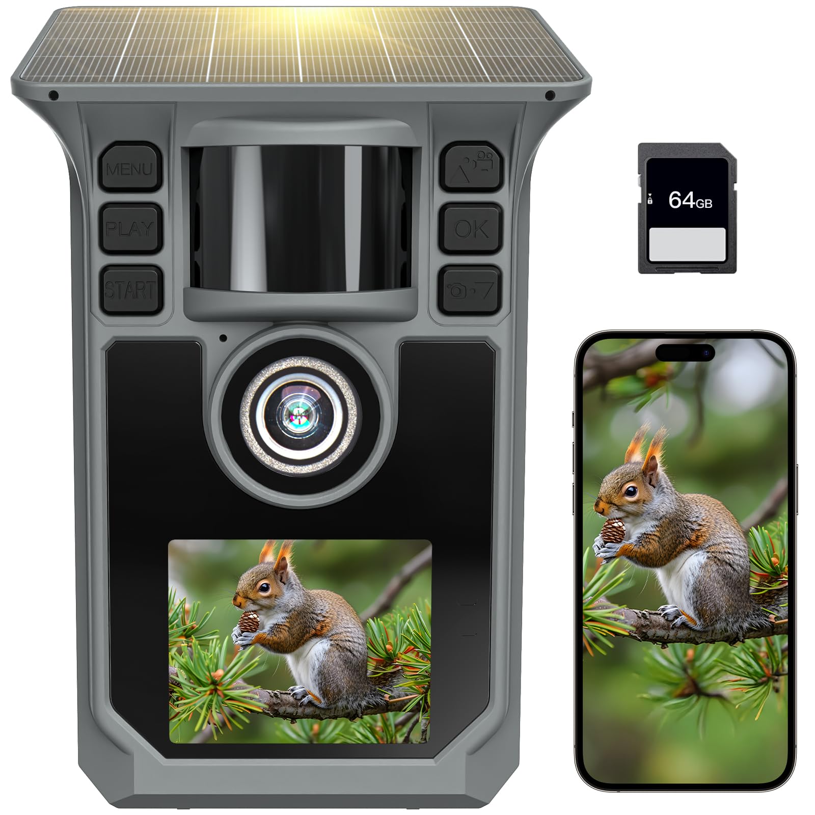 Wildkamera mit Handyübertragung APP, 4K 64MP Solar WLAN Bluetooth Eingebaute 5000mAh, 64GB Speicherkarte, Wildkamera mit Bewegungsmelder Nachtsicht, IP67 Wasserdicht 130°Weitwinkel（Grau）