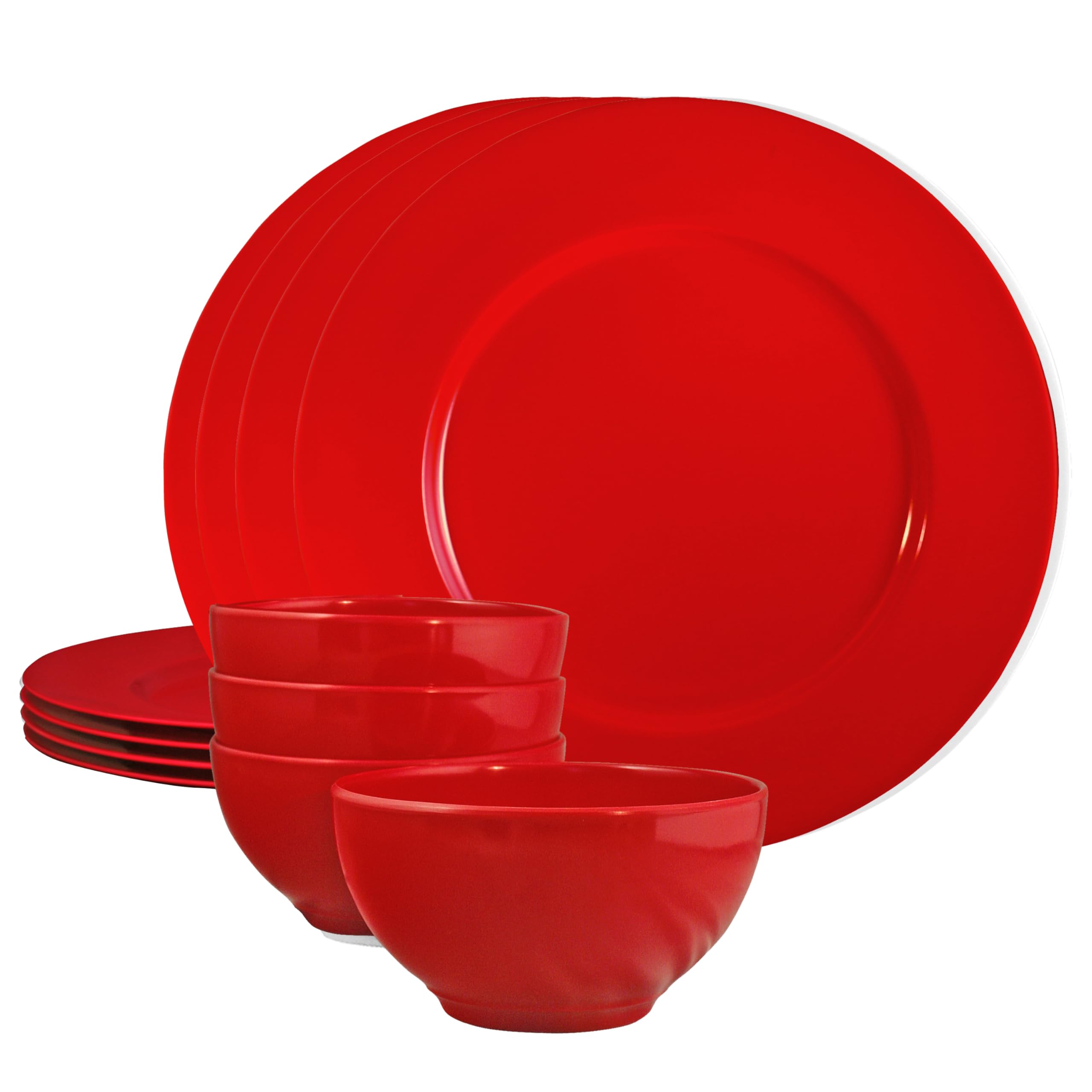 Reston Lloyd, Juego de vajilla de melamina de 12 piezas, plato llano de plástico ligero, ensalada, juego de cuencos, servicio para 4, rojo