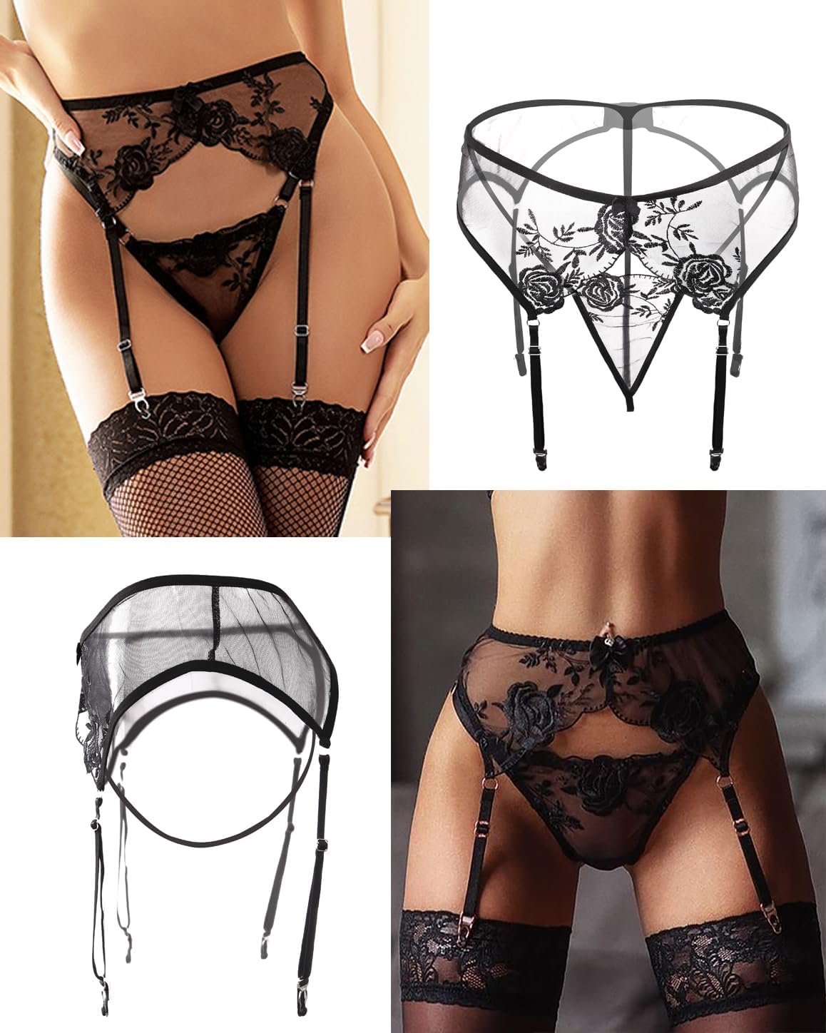 Womens Sexy Transparent Garter Belt with 4 Metal Clips Lace Underwear+Stockings 3 Piece Suspenders Thong Lingerie Set