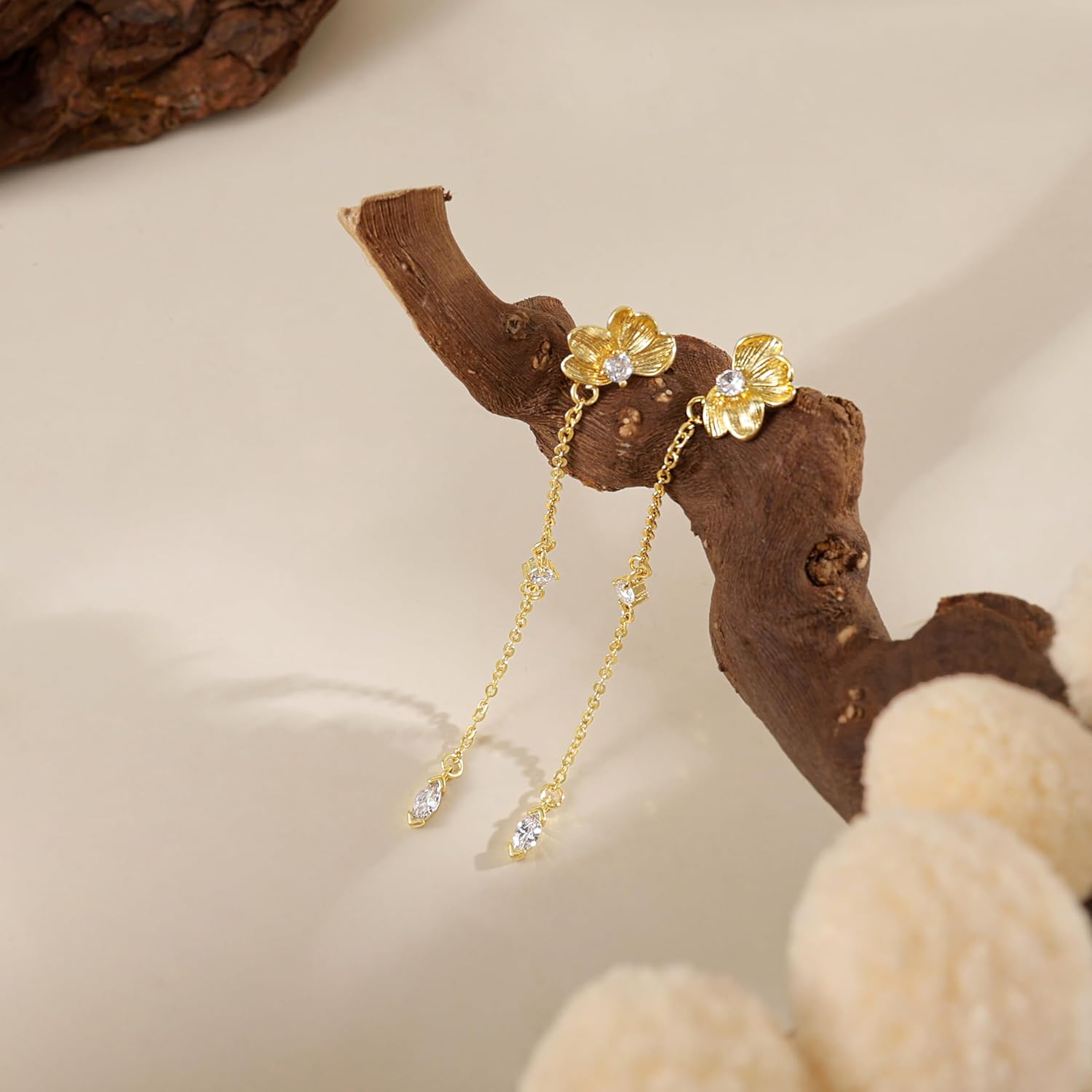 Gold Drop Earrings for Women,14k Gold Plated CZ Dangle Earring Studs Dainty Flower Drop Earring Studs Long Chain Statement Unique Wedding Earrings for Women Trendy Bridal Jewelry Fashion Accessories - Image 5