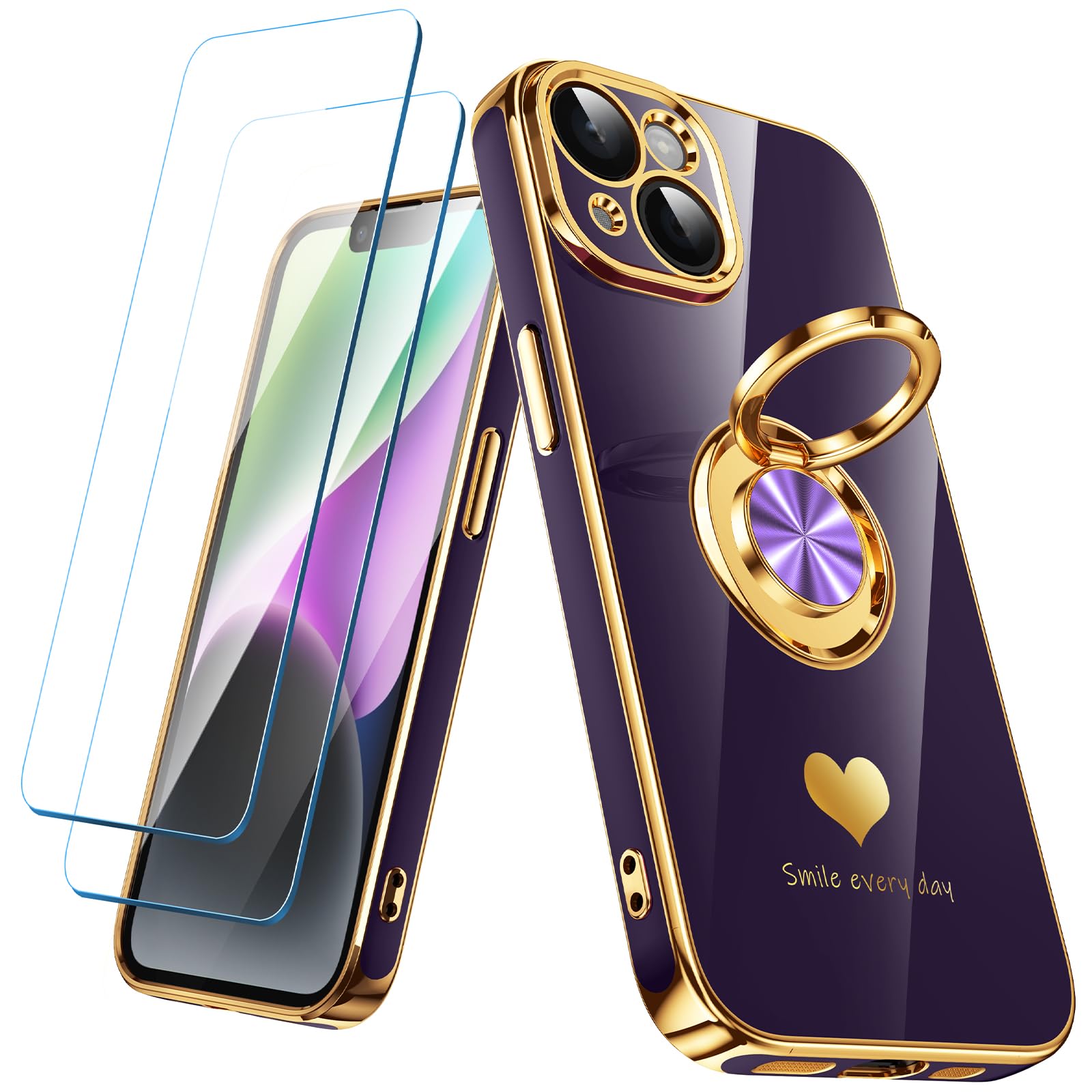 Photo 1 of Nonional Compatible for iPhone 14 Case with 2 Pack Screen Protector, 360° Rotatable Ring Holder [Luxury Hearts Pattern] Plating Gold Edge Slim Soft Phone Cover Case for iPhone 14 - Purple
