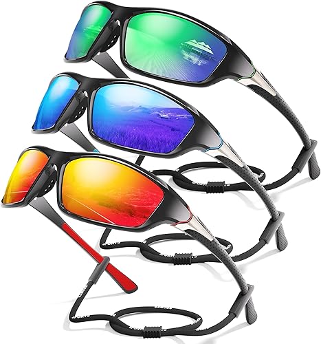 Miniatura 19 de Paquete de 3 lentes de sol deportivos polarizados para hombres, gafas de sol masculinas envolventes con protección UV para ciclismo, pesca y