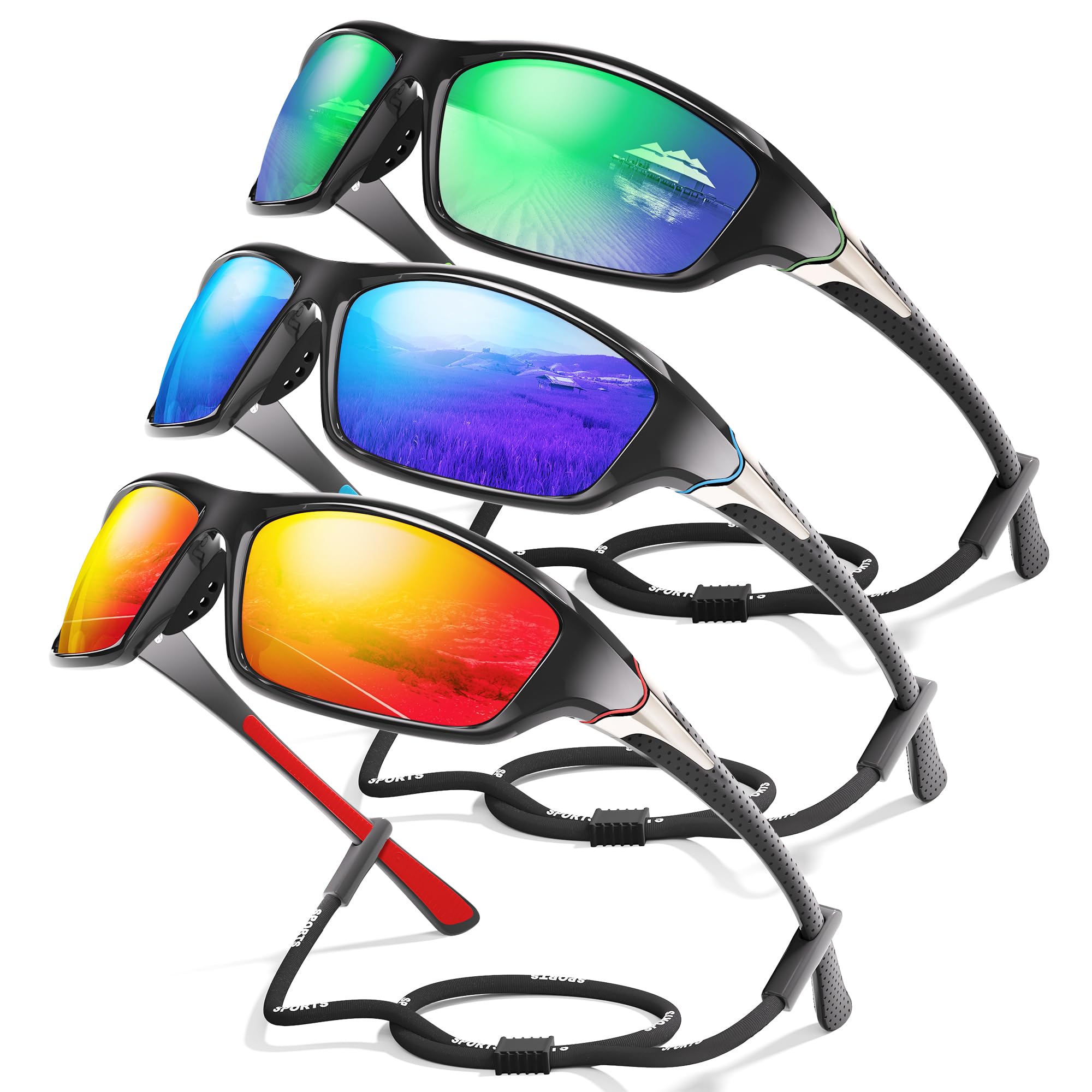 Confezione da 3 occhiali da sole sportivi polarizzati per uomo, occhiali da sole avvolgenti con protezione UV per ciclismo, pesca, guida