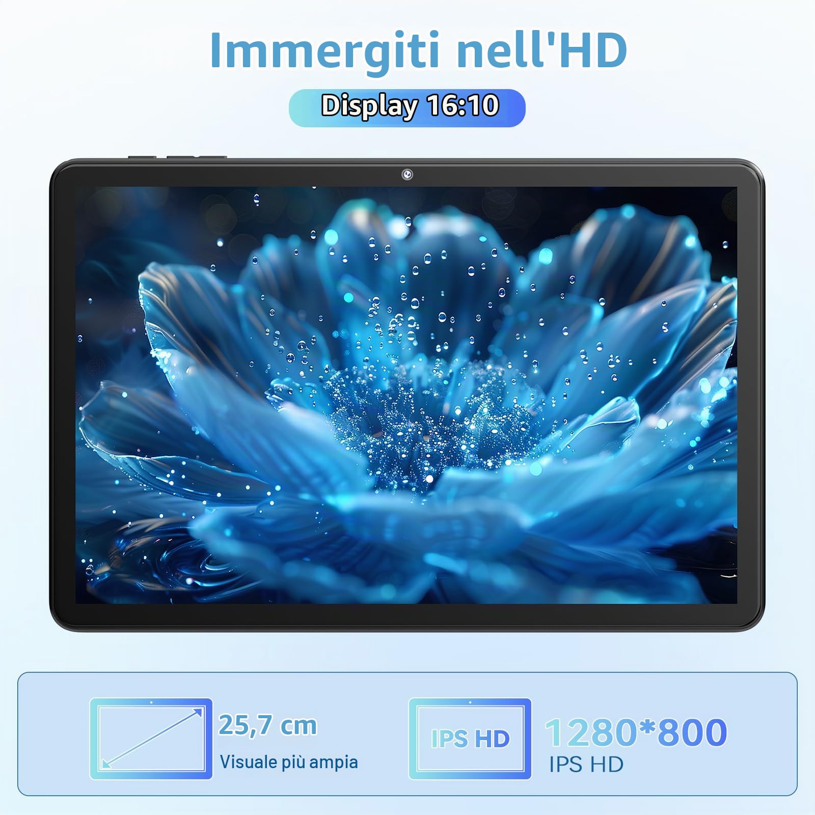 Tablet Android 15 10.1 Pollici, 18GB RAM (6+12) 128GB, T30 Octa-Core, Espansione TF 1TB, Widevine L1, Display IPS HD, 6000mAh, WiFi 2.4/5G, Face ID, GMS, Doppia Fotocamera, Grigio