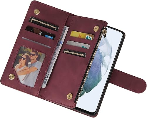 Miniatura 5 de LBYZCASE Funda para Samsung Galaxy S21 FE 5G con tarjetero, duradera, de lujo, magnética, de piel, con cremallera, bolsillo, correa para la muñeca,