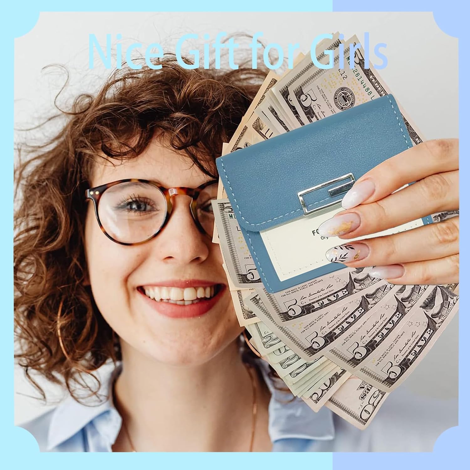 Trifold Wallets for Women, Snap-Button Women's Wallet Card Holder Ladies Wallets Leather Wallets For Women with 6 Card Slots, ID Window& Cash Compartment (Blue) image 5