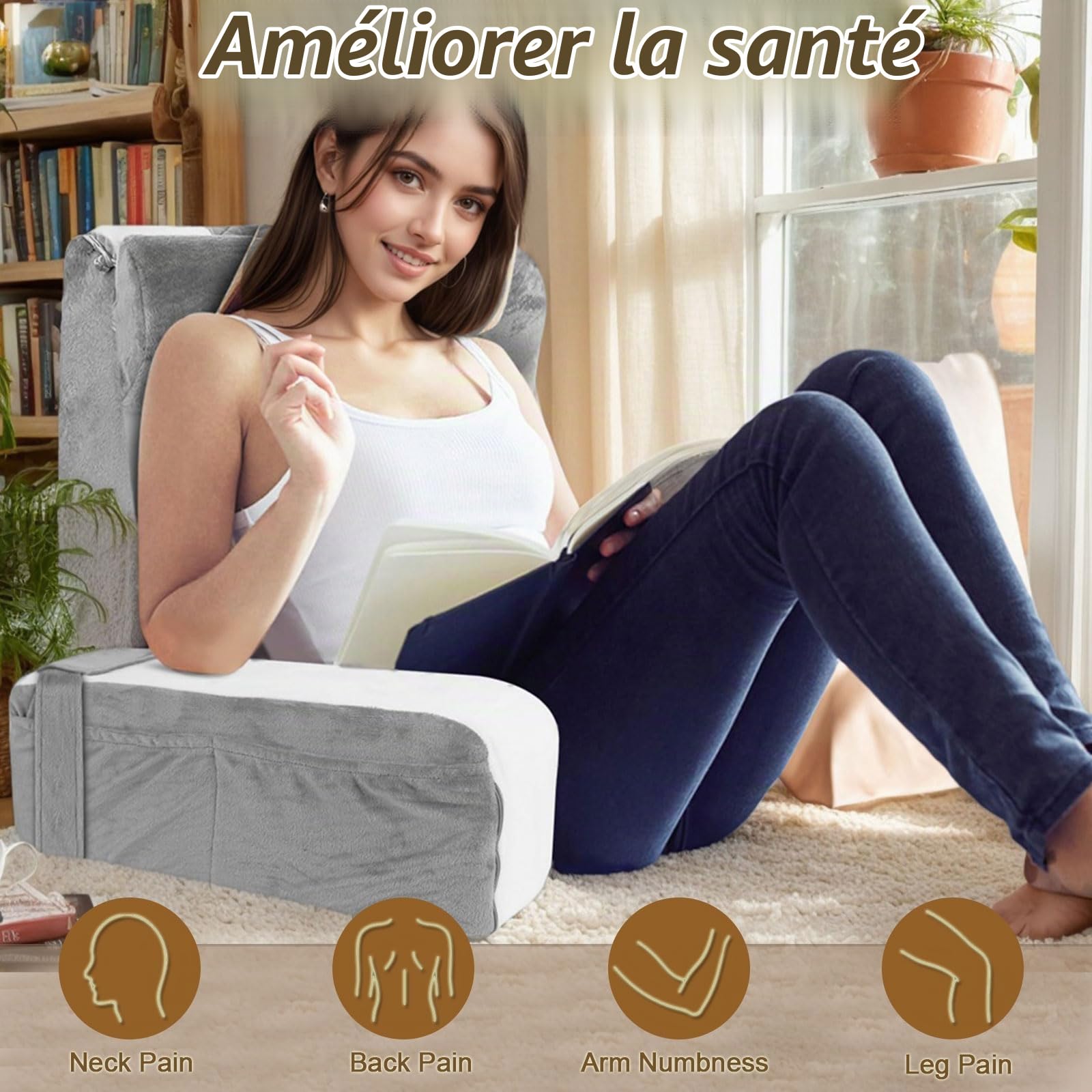 Coussin de Lecture pour lit et canapé, Coussin de Dos avec Soutien des Bras et Poches, Coussin de Dos pour Adulte, Coussin Dorsal Dossier Canapé, Oreiller de Lecture en Mousse à Mémoire de Forme