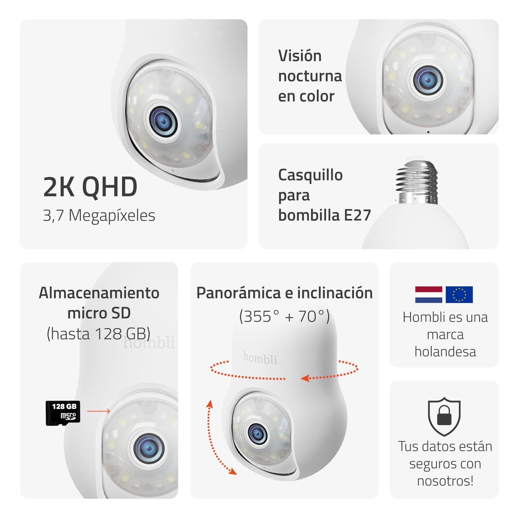 Hombli 4K QHD Cámara de Seguridad Exterior | Enchufe de Bombilla E27 | WiFi | Visión Nocturna Infrarroja y a Color | Foco y Alarma Activados por Movimiento | Compatible con Alexa y Google