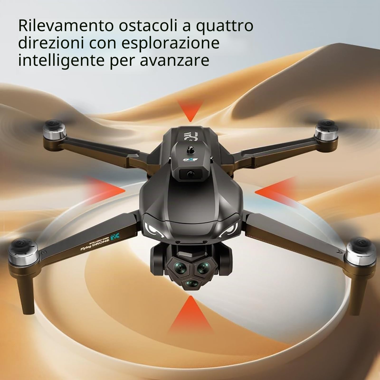 Generico Drone 4K con Tripla Telecamera Regolabile, Motore brushless, Ritorno GPS, evitamento Ostacoli a 360°, Resistenza al Vento a 5 Livelli, Posizionamento Ottico del Flusso, Telecomando LCD