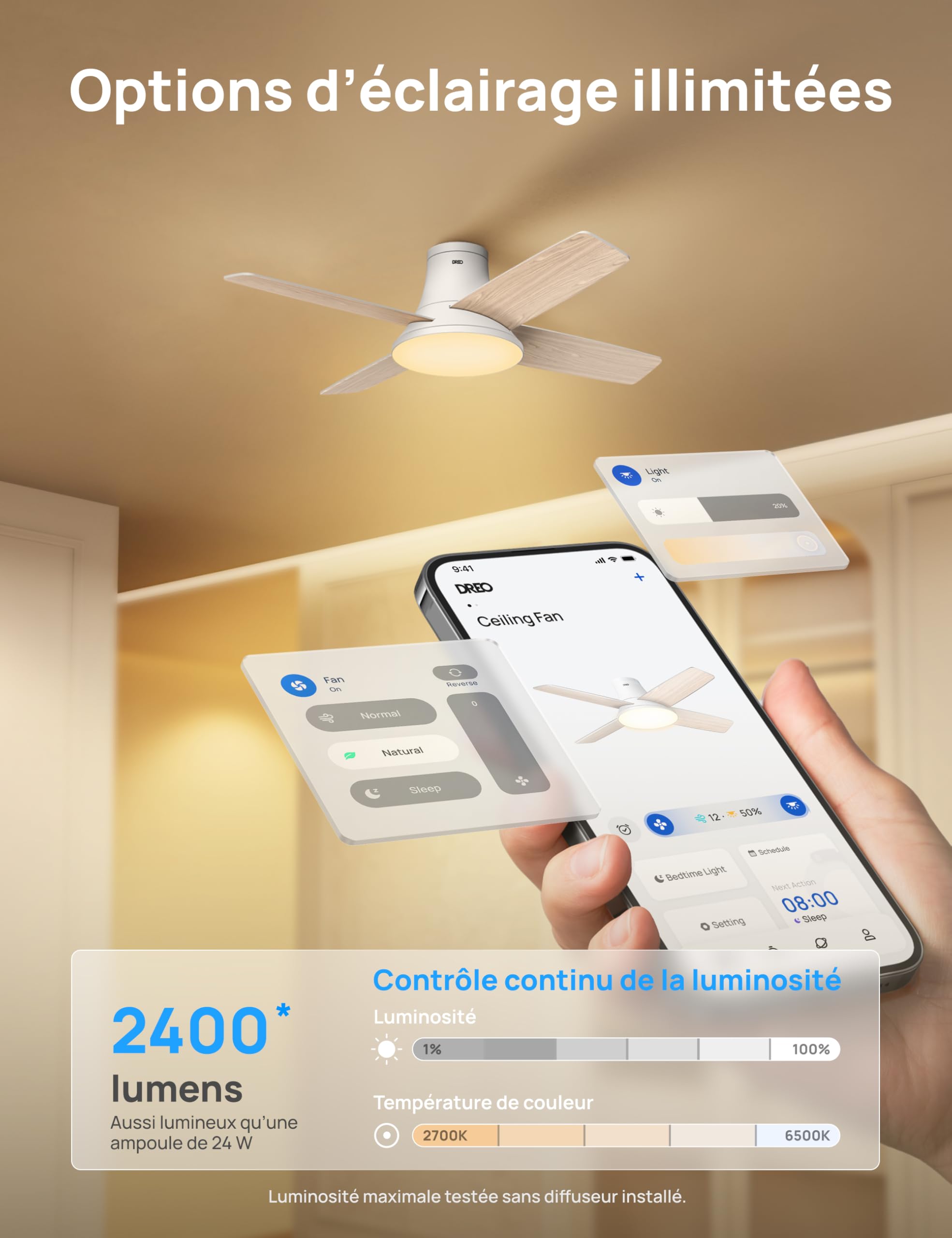 DREO ventilateur de plafond avec lumière, 12 vitesses, 3 modes, moteur CC silencieux, montage facile, LED dimmable, télécommande et minuterie 12 h, ventilateur de plafond blanc pour chambre et salon
