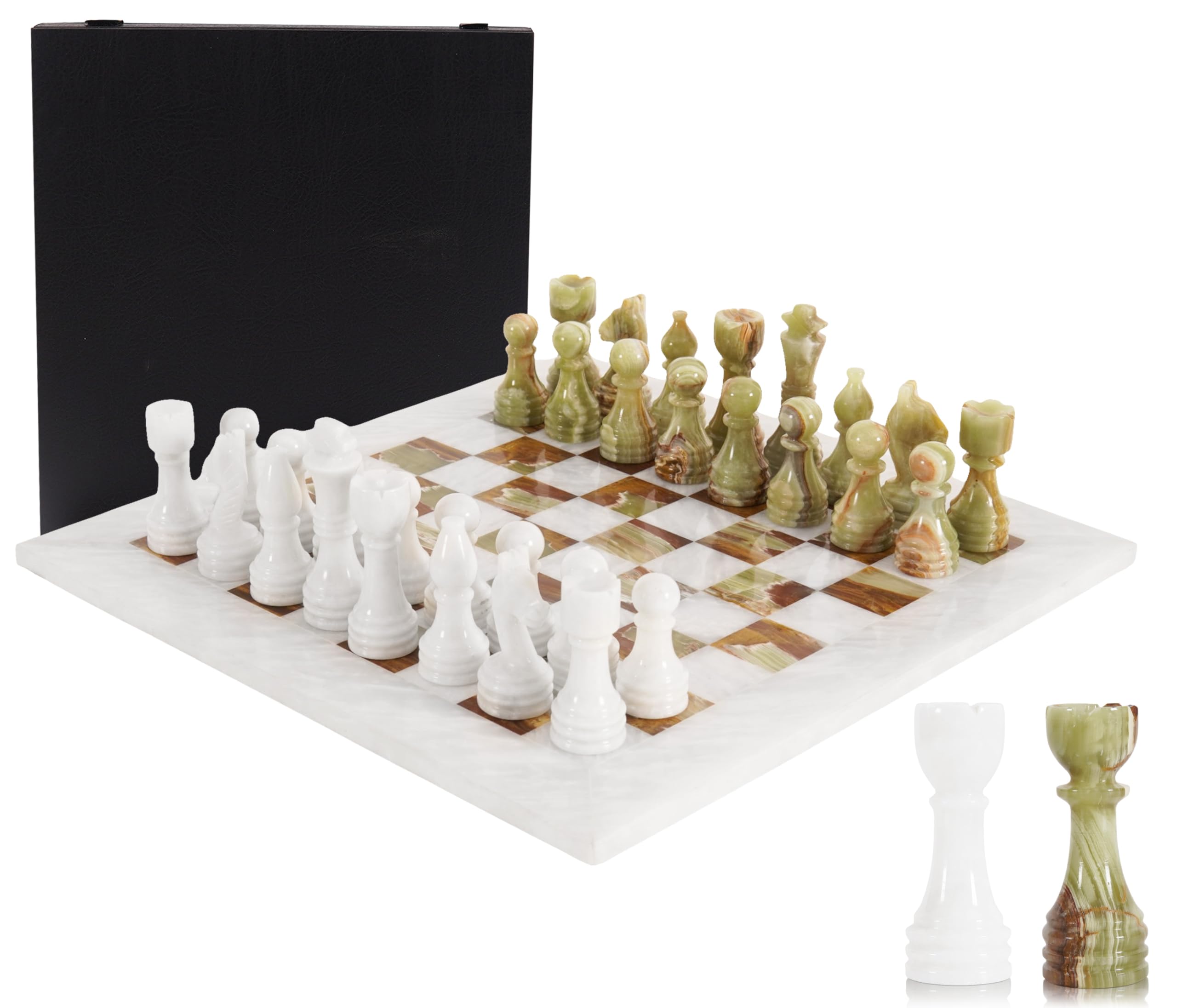 Marble Chess Set for Adults 15" Handmade White & Green Board Game with 32 Chess Pieces, 2 Extra Queens & Storage Box, Luxury Travel Game, Elegant Gift for Home Decor