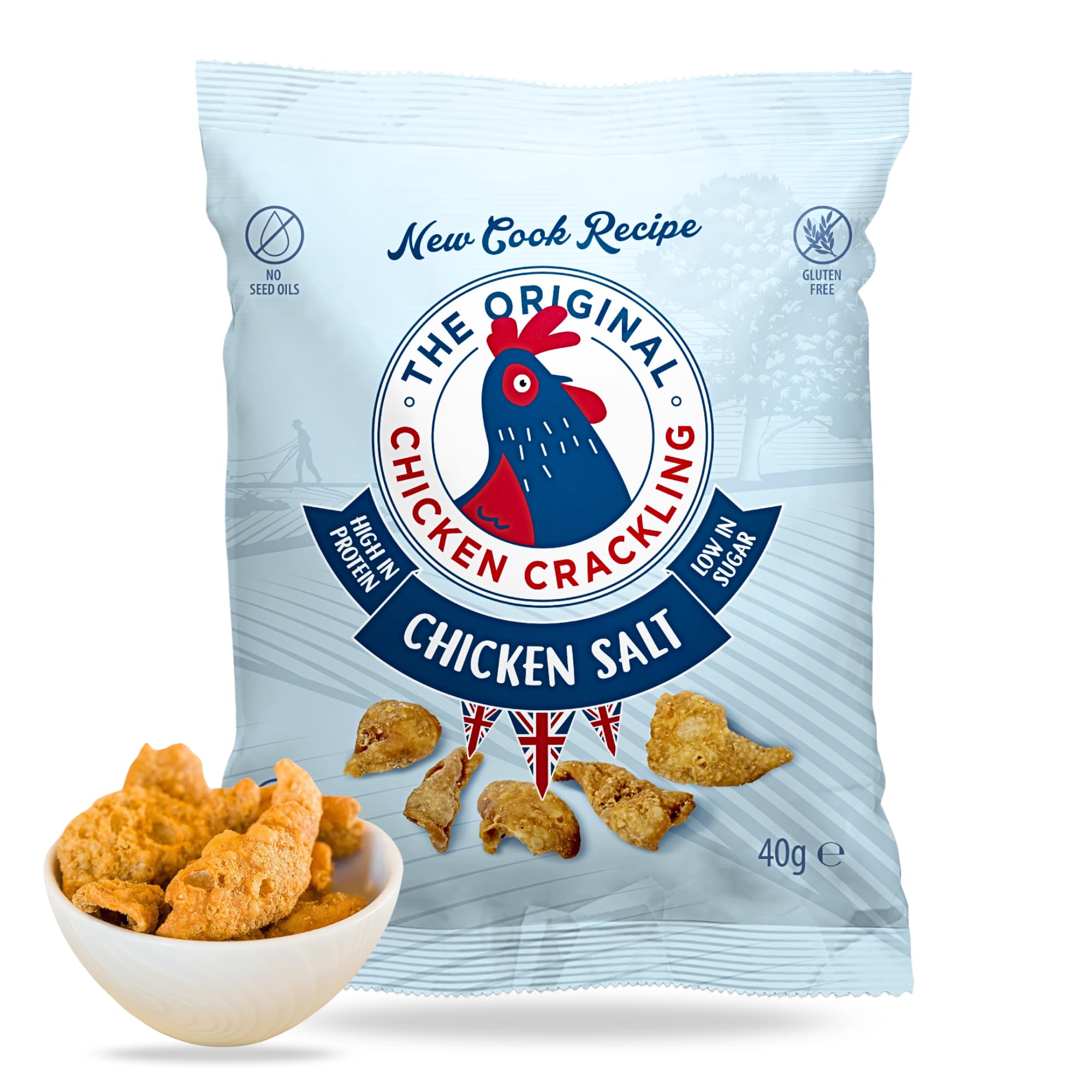Chicken Crackling Hand Cooked Snack. NEW Double Cooked Recipe, Sea Salt Flavour. Low Carb, High Protein, Keto, Gluten Free Alternative to Pork Scratchings. 10x 40g Bags