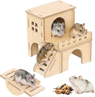Hamster Zubehör 2-teiliges Set, Holz Hamsterhaus mit Versteck und Wippe, Beschäftigungs-Spielzeug für Nager, Mehrkammernhaus für Zwerghamster und Meerschweinchen, Einfache Montage und Reinigung
