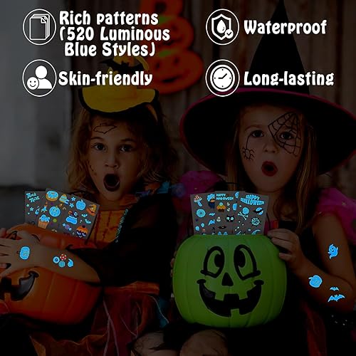Miniatura 2 de Partywind 56 hojas de tatuajes azules luminosos de Halloween para fiesta de niños, 520 estilos de suministros de fiesta de Halloween, decoraciones
