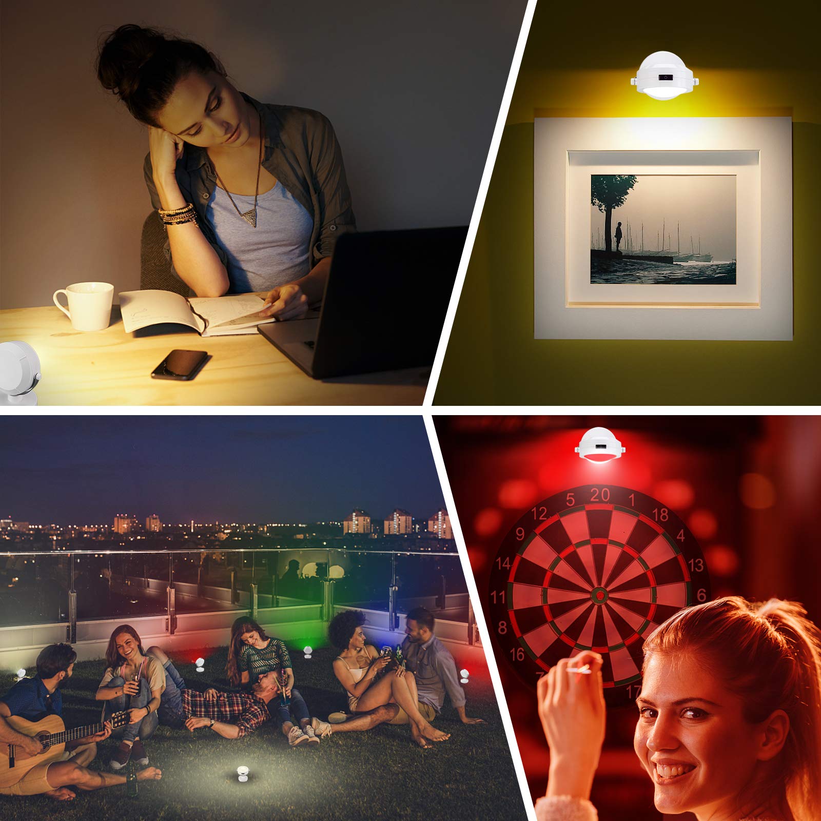 HONWELL LED Spot Lampe Drahtlose Deckenstrahler mit Fernbedienung, Wiederaufladbares Bilder mit beleuchtung Drehbar Licht Kopf, RGB Dartscheibe Beleuchtung für Spiegelanstrich Dartscheibe, Weiß