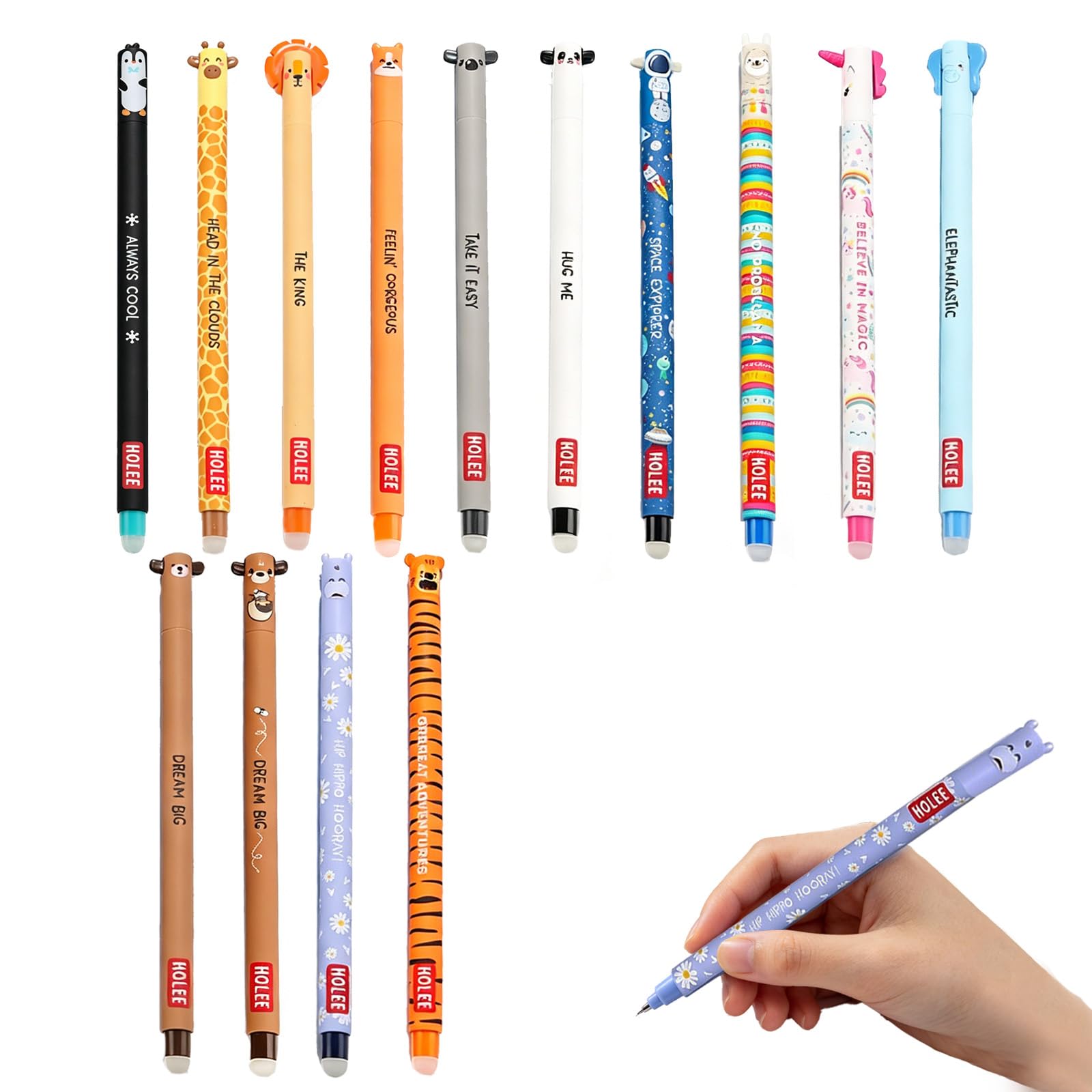 Juego de 14 bolígrafos borrables de Gel 0.7mm, con Tinta termosensible, diseños de Animales como Elefante, Tigre, Unicornio, león, Panda, y más, Ideal para Oficina, Escuela y Regalo Creativo.