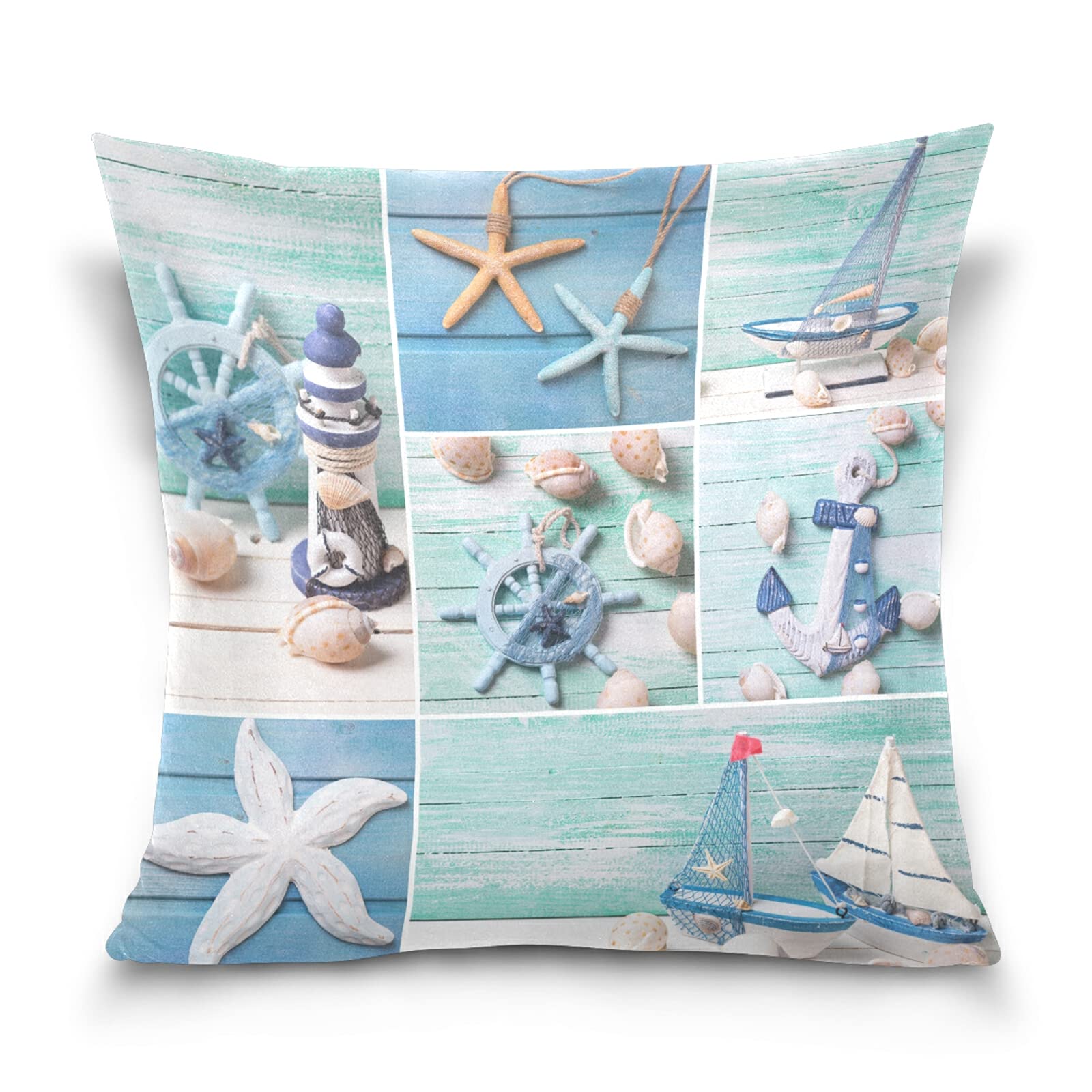 Poeticcity Multi 13 Marine Lighthouse Sailboats Starfishes Ships Steering Wheel On Wood Cotton Velvet Throw Pillow, Soft Breathable Bed Pillows, Pillowcase Sham Cushion Covers Twin Sides For Car Couch Bed 20X20 Inches