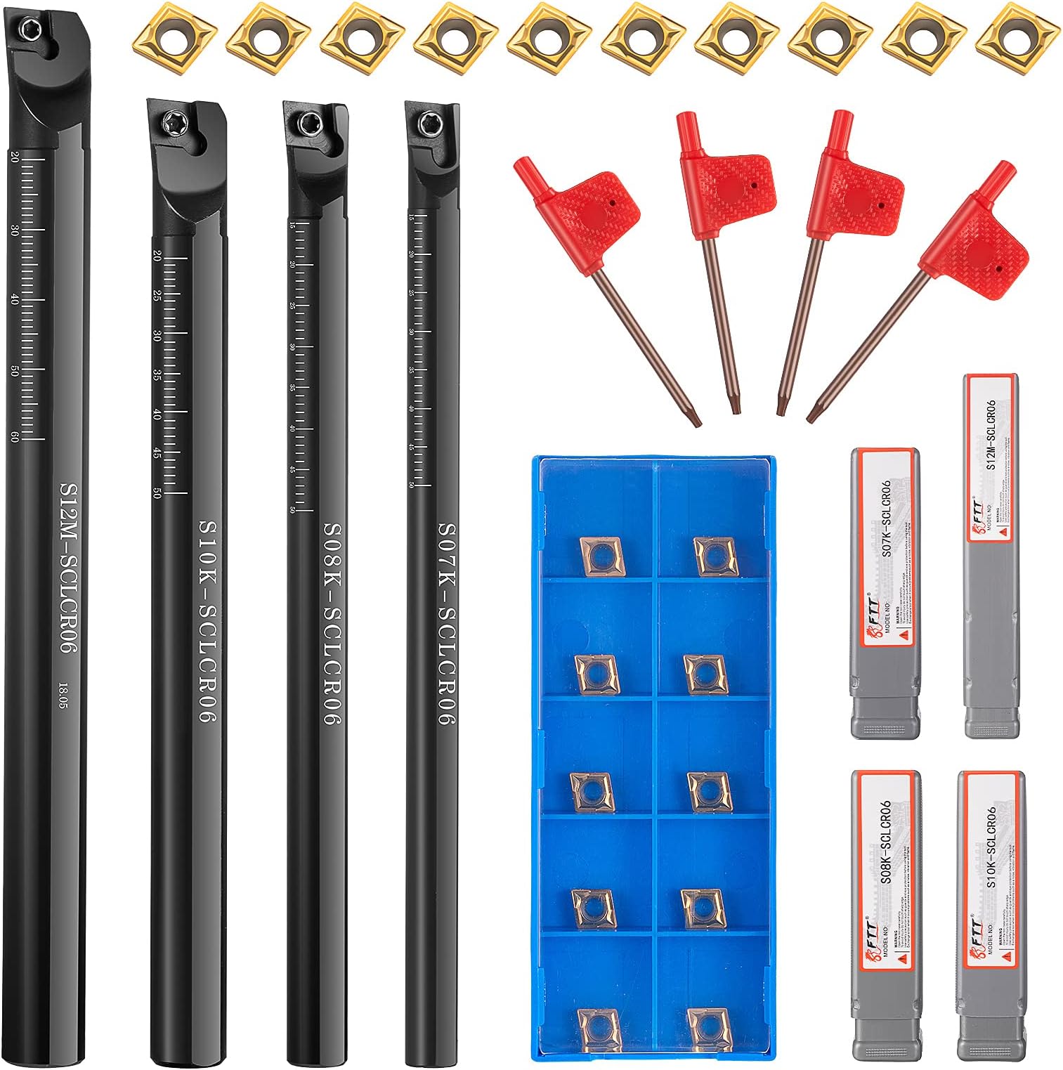 14 Pieces Lathe Boring Bar Set 4 Pcs 95 Degree S07K/ S08K/ S10K/ S12M-SCLCR06 Lathe Boring Internal Turning Bar Holder with 10 CCMT0602 Carbide Inserts and 4 Pieces Wrench
